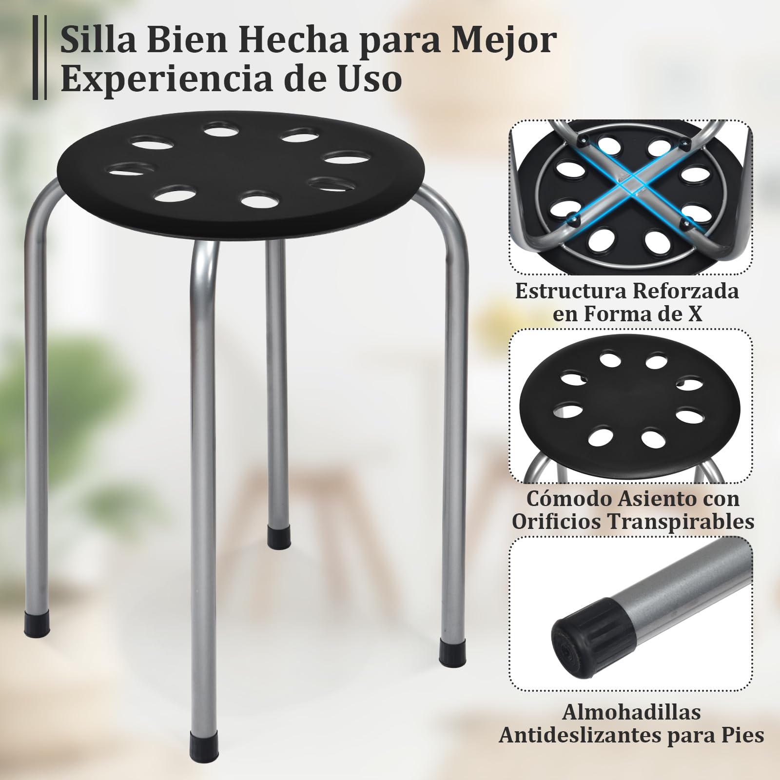 COSTWAY Juego de 6 Taburetes Redondos Apilables de Metal, Asiento Redondo con Marco de Metal en Forma de X, Asiento Perforado, Taburetes Apilables para Niños y Adultos, Hogar, Oficina (Negro)