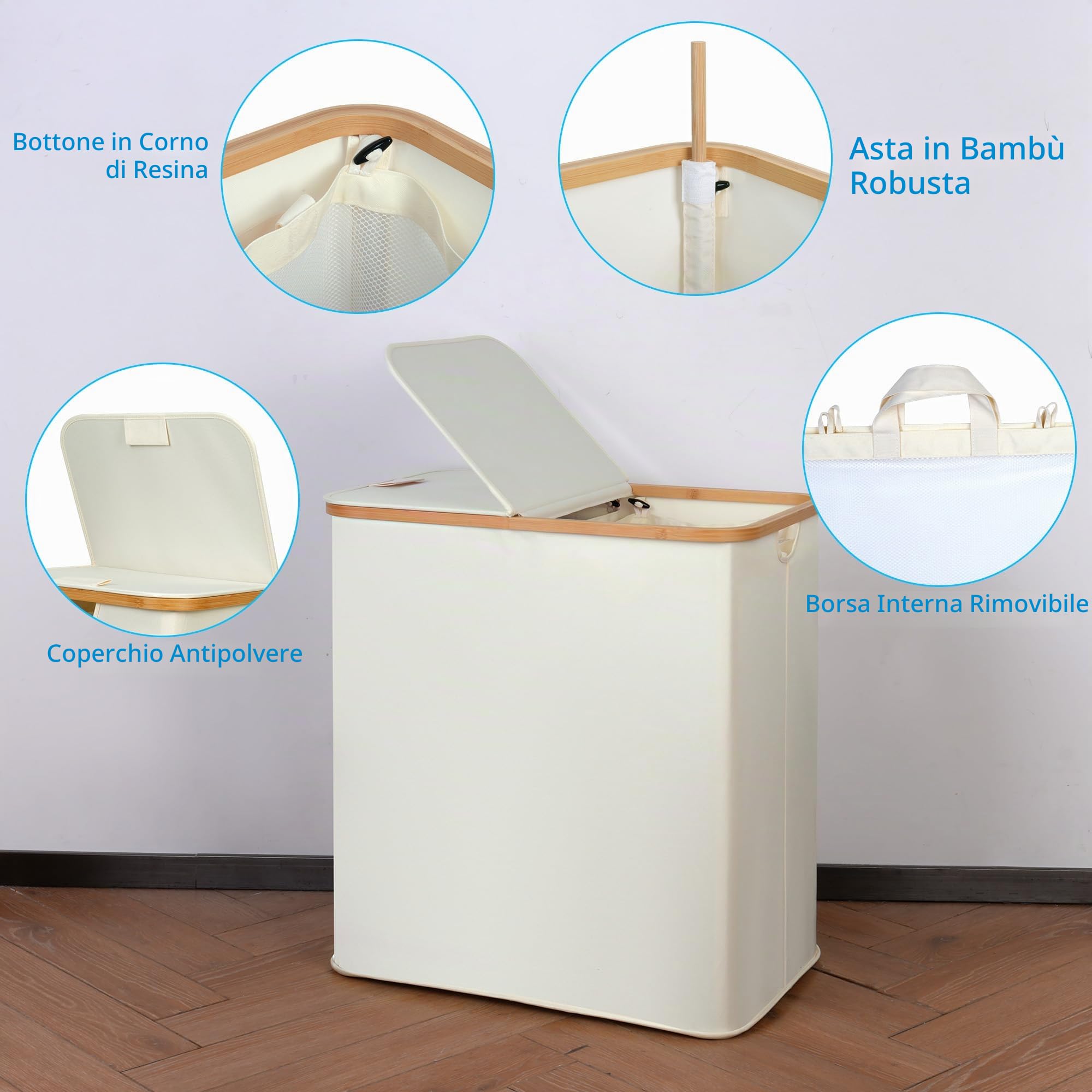 efluky Cesto portabiancheria da 140 l, con coperchio, 2 scomparti, grande cesto portabiancheria per biancheria, doppio cesto portabiancheria con 2 sacchetti rimovibili, Beige