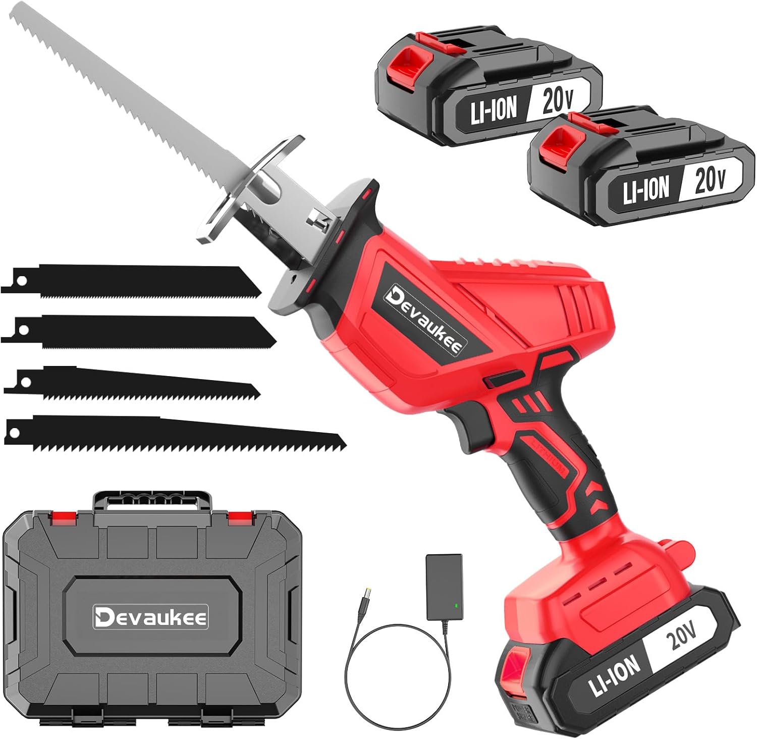 Devaukee 20V Cordless Reciprocating Saw - 3500SPM Sawzall w/ 4 Blades, 2 Batteries, Tool-Free Change for Wood, Metal, Pruning