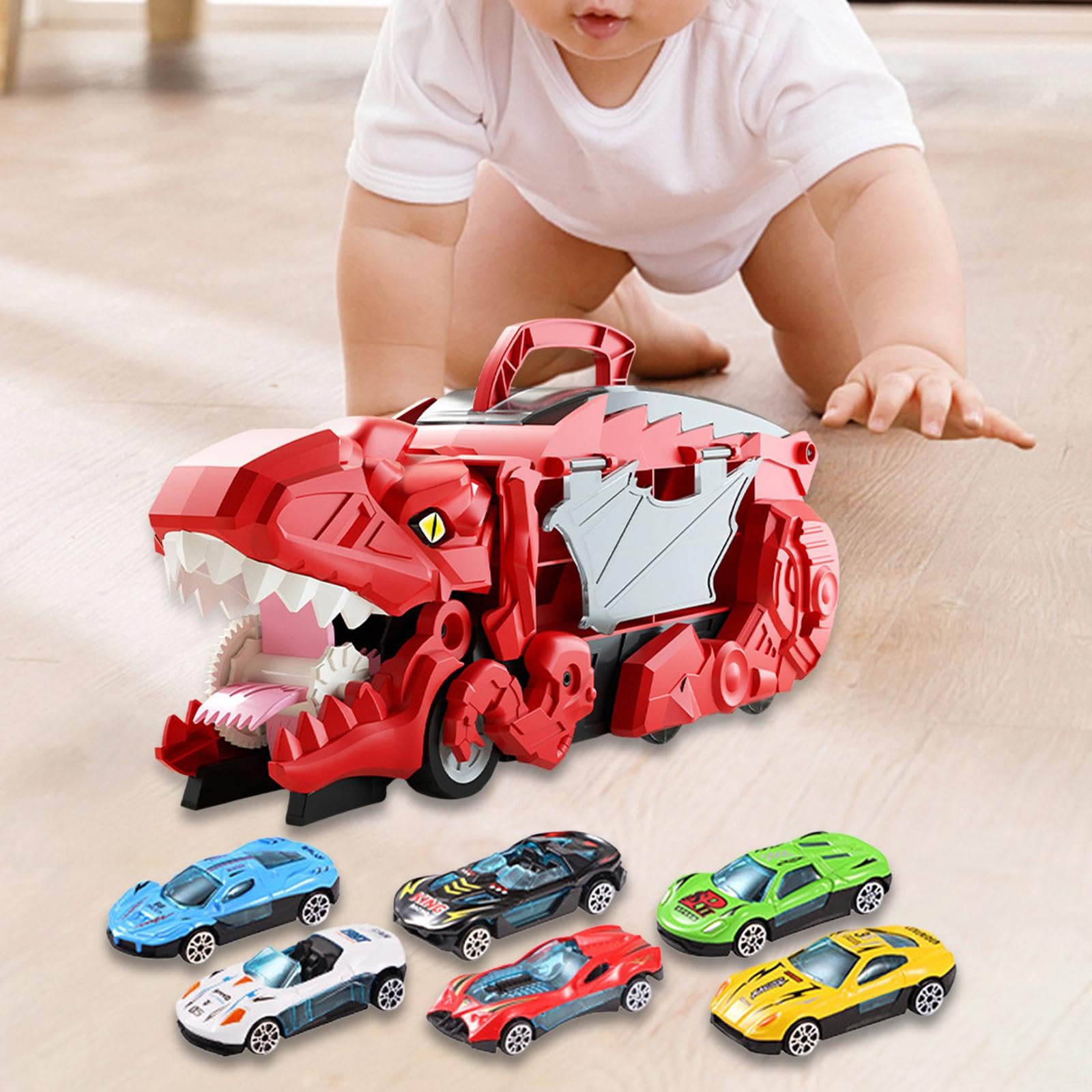 恐竜 トラック 輸送車 キャリア 恐竜の足跡 レース プレゼント 車7個セット Amazon | Leefasy 恐竜を飲み込む乗り物、変形キャリアトラック