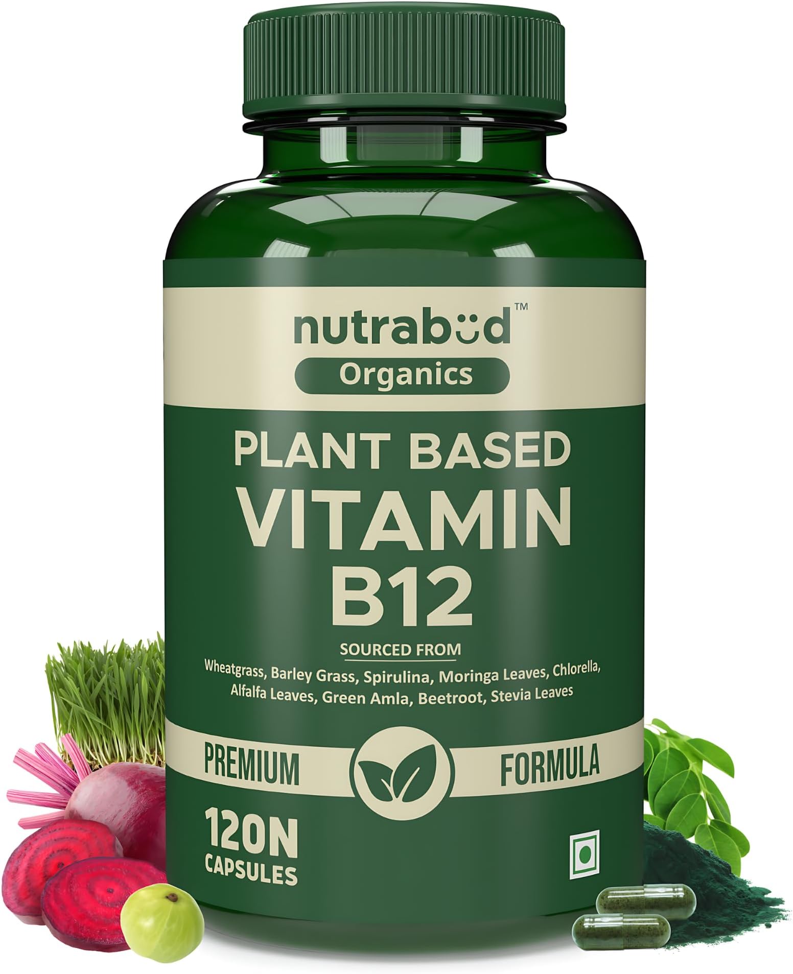 Nutrabud Organics Plant Based Vitamin B12 Supplement for Men, Women - 120 Capsules - 100% RDA of Natural B12 for High Absorption (120 Count (Pack of 1))