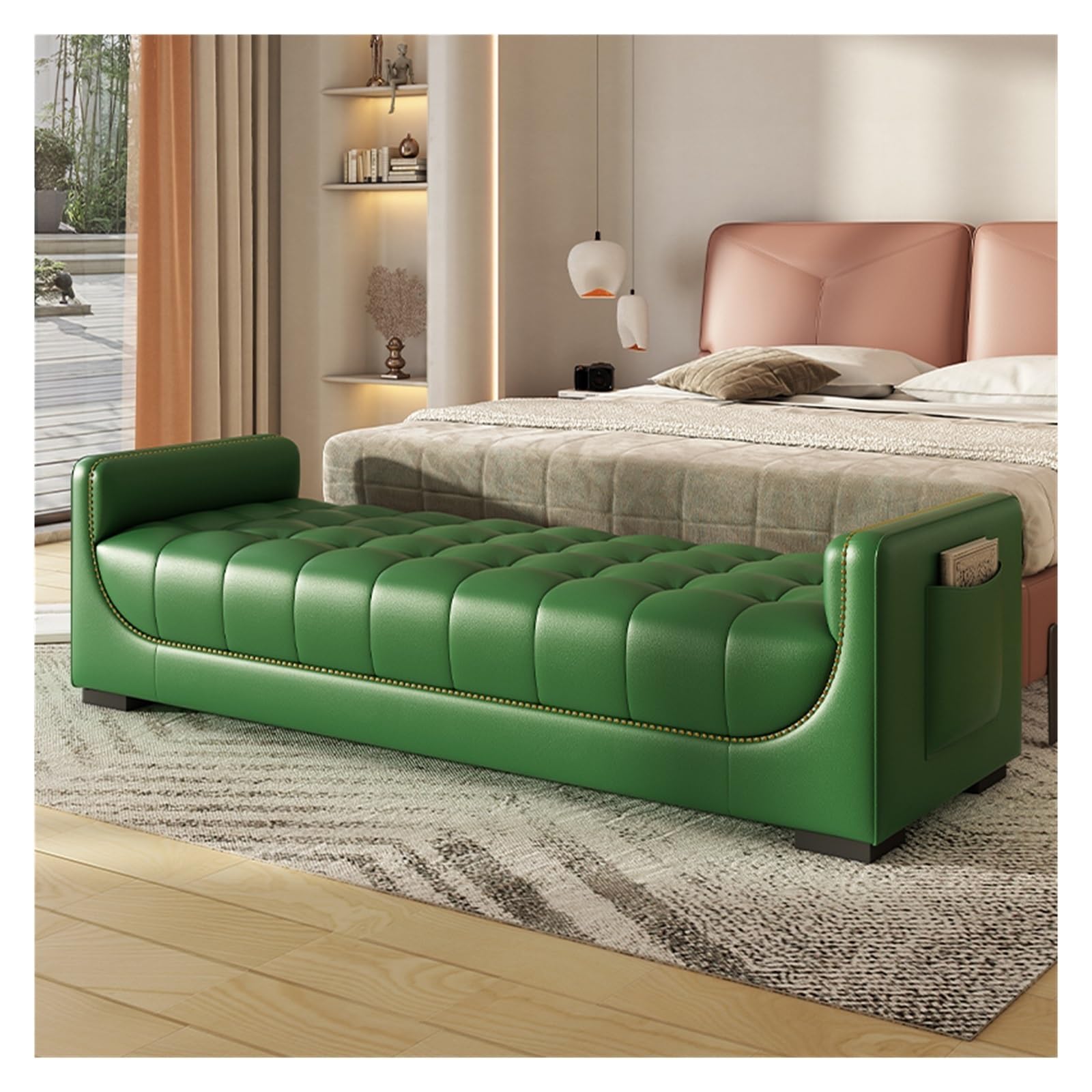 RENEESME Foot Stool for Bed Leather Bedroom Ottoman Bench, Upholstered End Bench Modern Entryway Shoe Changing Stool with Armrests and Storage Pockets Bed Step Stools for High Beds(Green,1.2m)