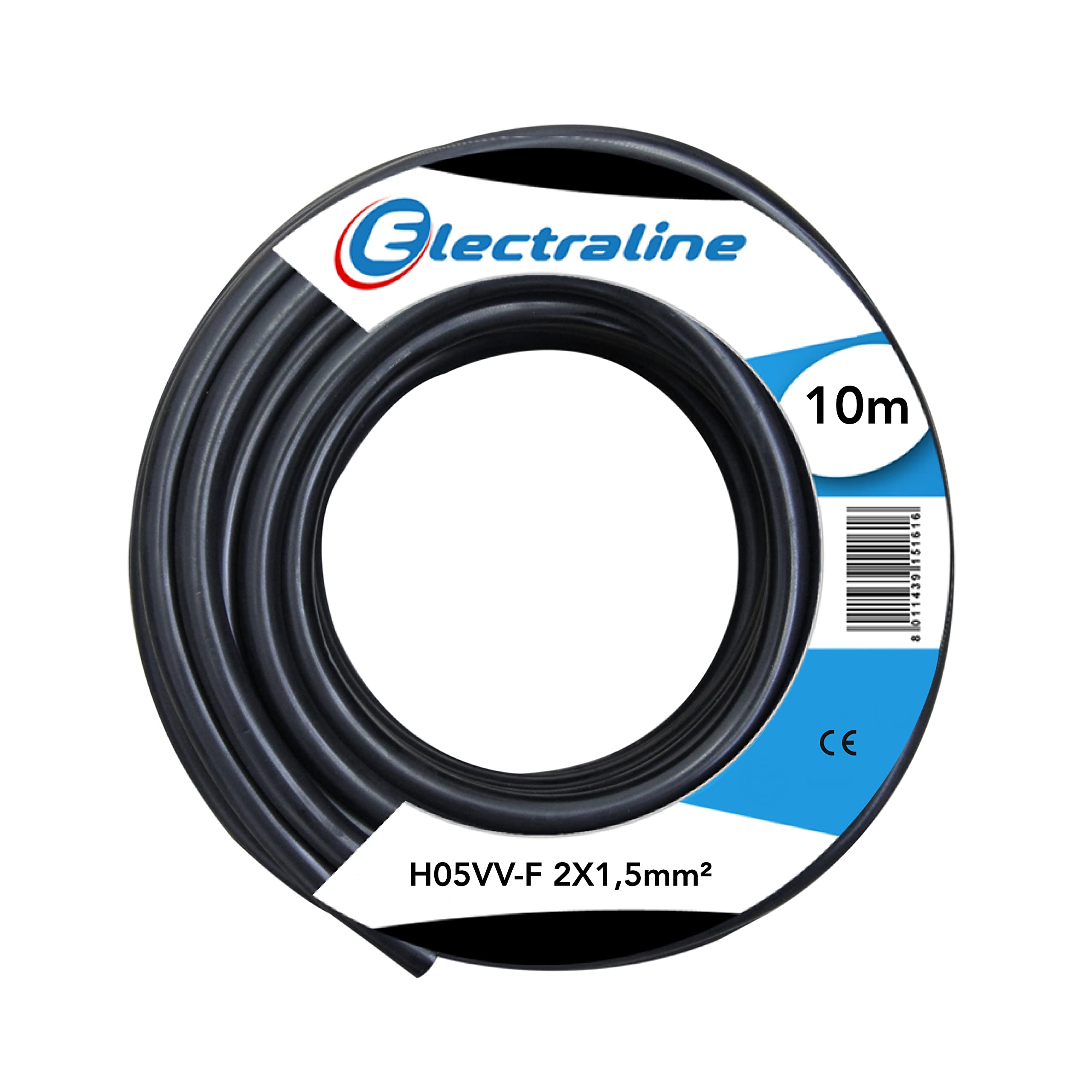 Câble H05 VV-F 2X1,5 10M Noir Electraline fil électrique souple bipolaire