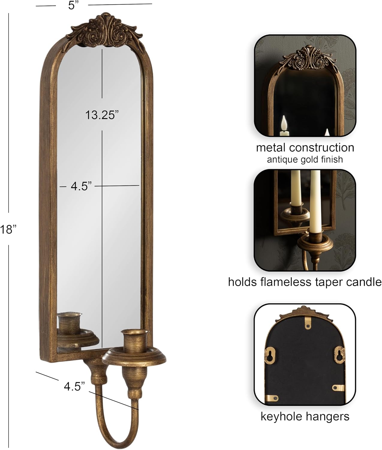 Kate and Laurel Arendahl Vintage Mirrored Wall Sconce, 5 x 5 x 18, Gold, Antique Ornate Candlestick Holder with Mirror for Bathroom or Bedroom Wall Decor