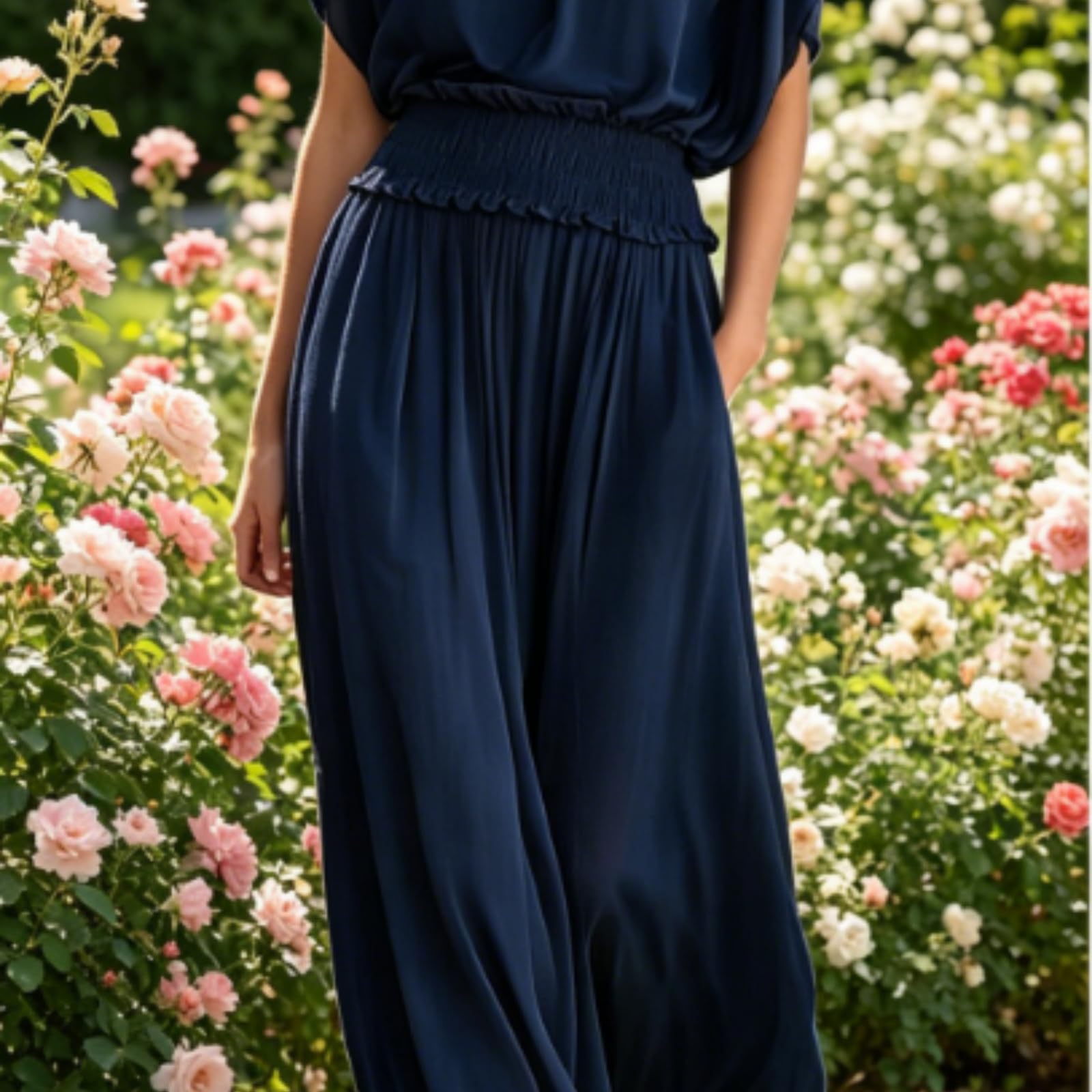 Générique Robe Longue élégante et sophistiquée pour Femme, cintrée à la Taille, froncée, Manches Chauve-Souris, Volants, Taille Haute, Coupe trapèze, Fluide, avec Poches