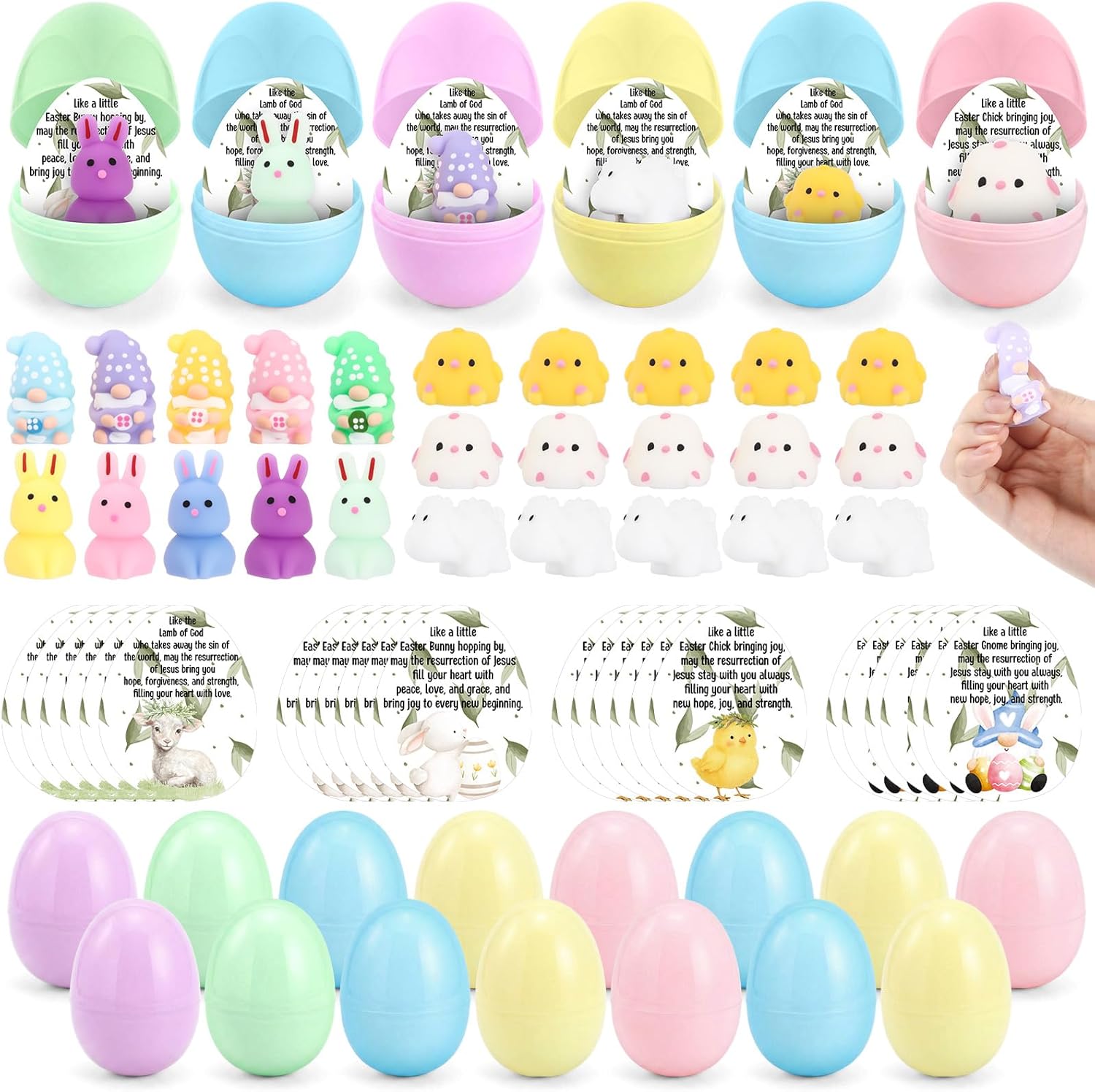 40 Sets Religious Easter Eggs Fillers Bulk Mini Stress Animal with Lamb of God Card Pastel Christian Gifts for Easters Eggs Sunday School Church Party Favors Supplies