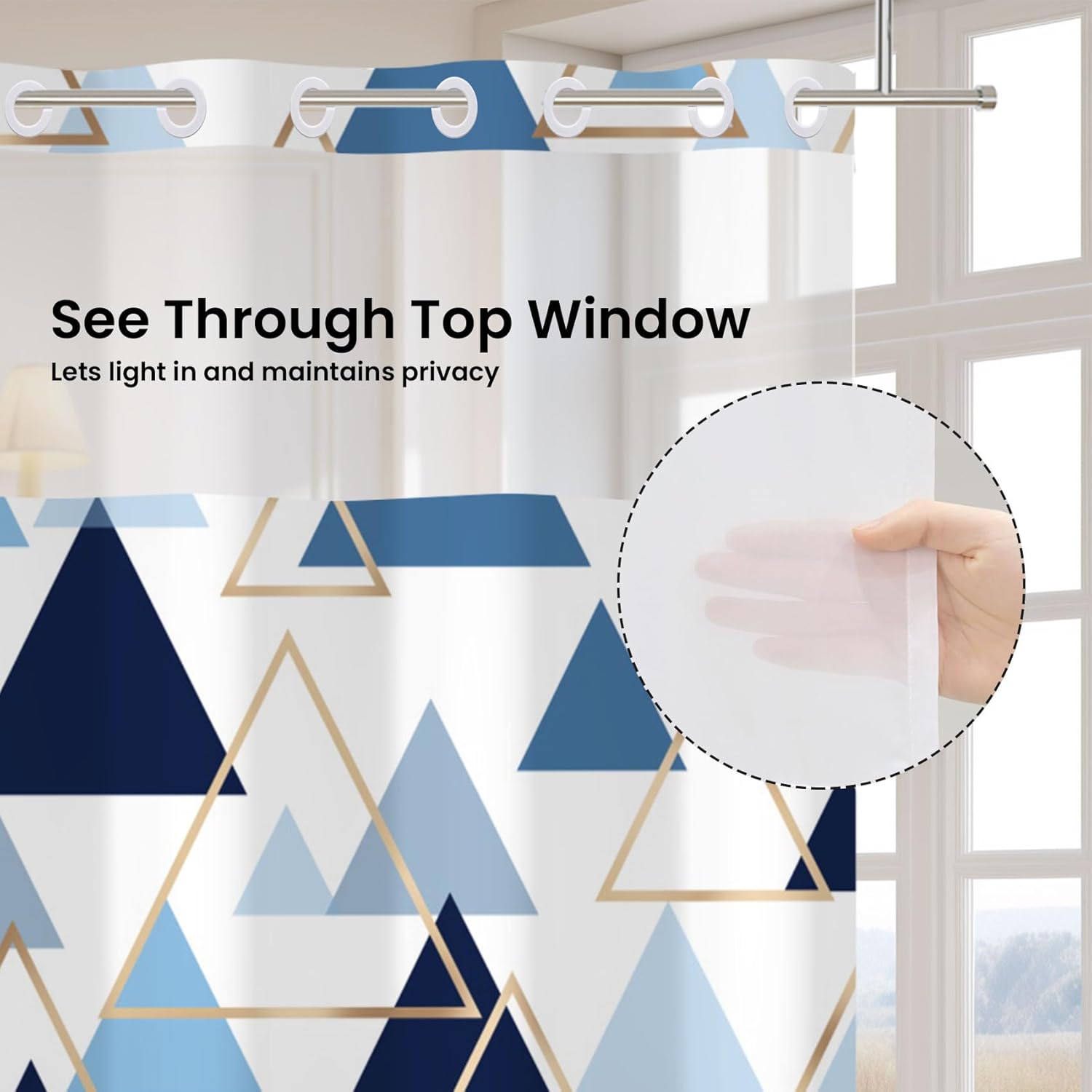 No Hook Blue Geometric Shower Curtain with Snap in Fabric Liner Set, Luxury Modern Triangle Bath Curtain, See Through Mesh Top Window, 71x74 Inch