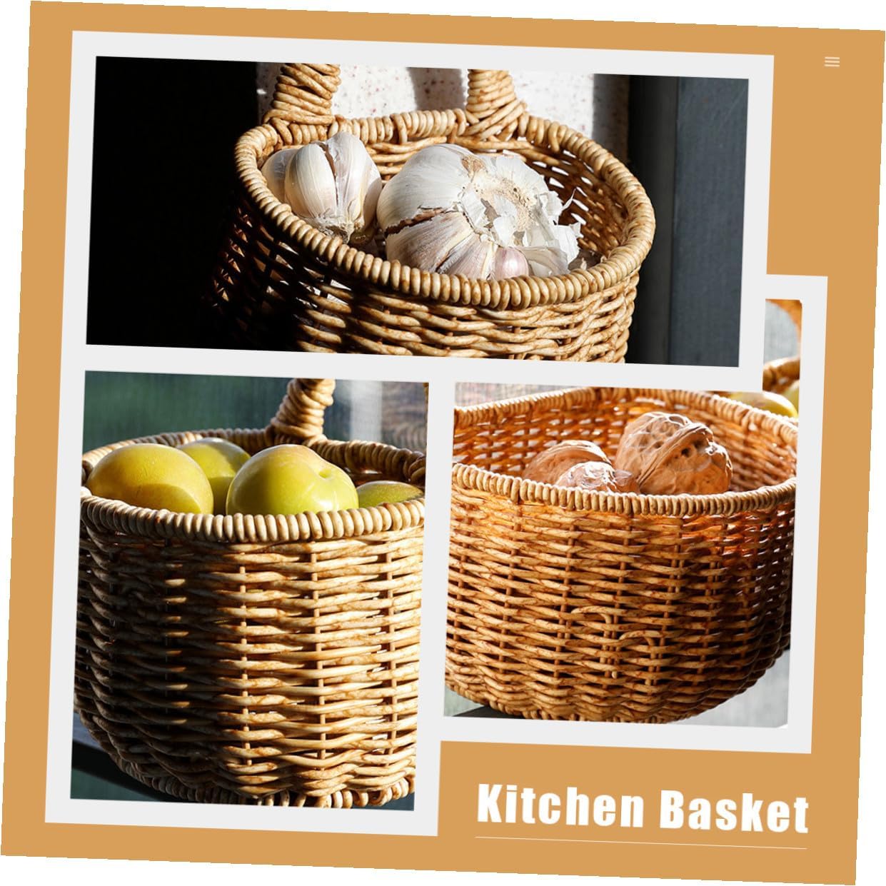 OSALADI Woven Hanging Storage Basket Large Rattan Kitchen Organizer with Egg and Garlic Holder Wall-mounted Basket for Food Storage and Vegetable Organization