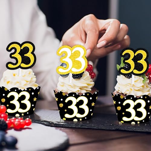 Miniatura 6 de 24 decoraciones para cupcakes de postre, 24 unidades, envoltorios de cupcakes, alegrías a 33 años, suministros de decoración temática para hombres y