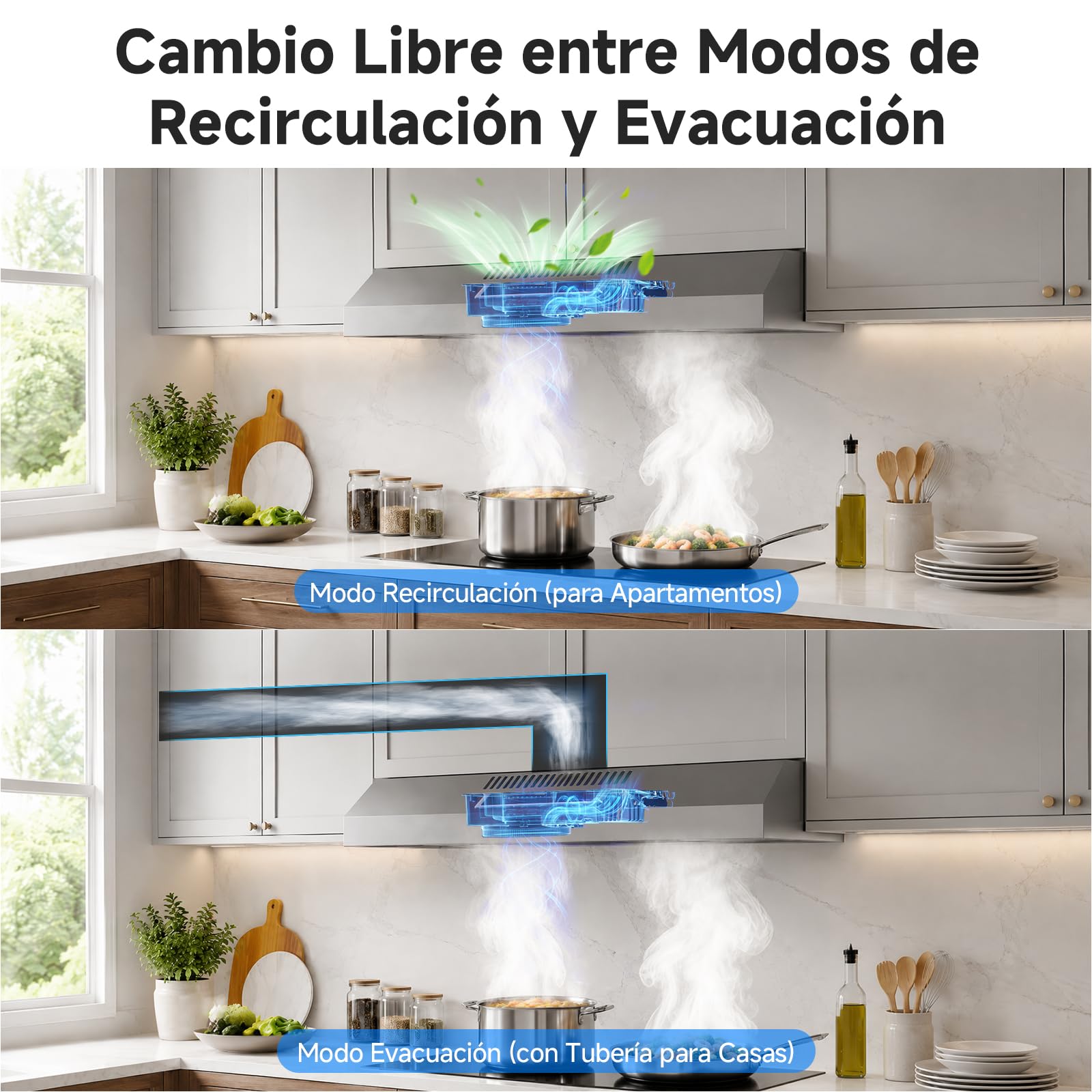 AAOBOSI A++ Campana Extractora 60 cm, 3 Niveles de Potencia, 230m³/h Extractor Cocina, Filtro de Carbón, Iluminación LED, Acero Inox Silver