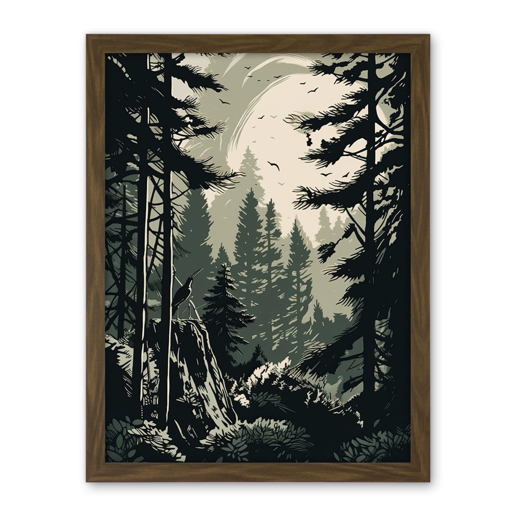 Artery8 Pine Tree Forest Sunrise Landscape Illustration Artwork Framed Wall Art Print 18X24 Inch