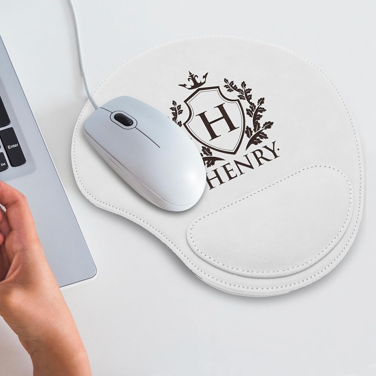 Custom Engraved and Personalized Mouse Pad with Wrist Rest Desk Accessories (White)