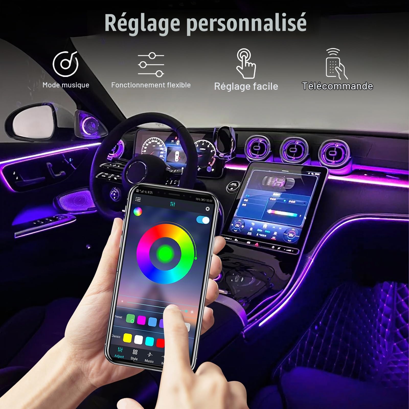Led Ambiance Voiture, 110 Cm + 35 Cm Led Voiture Interieur, Avec 220 Modes Dynamiques, Usb, Prend En Charge La Commande Bluetooth
