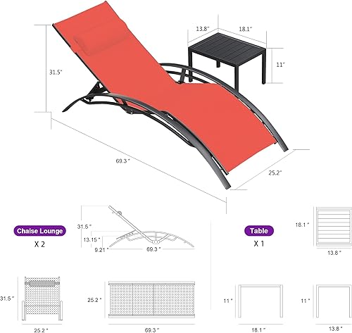 PURPLE LEAF Juego de tumbona para patio, sillón al aire libre, playa, piscina, tumbona para tomar el sol, tumbona reclinable, sillas de bronceado