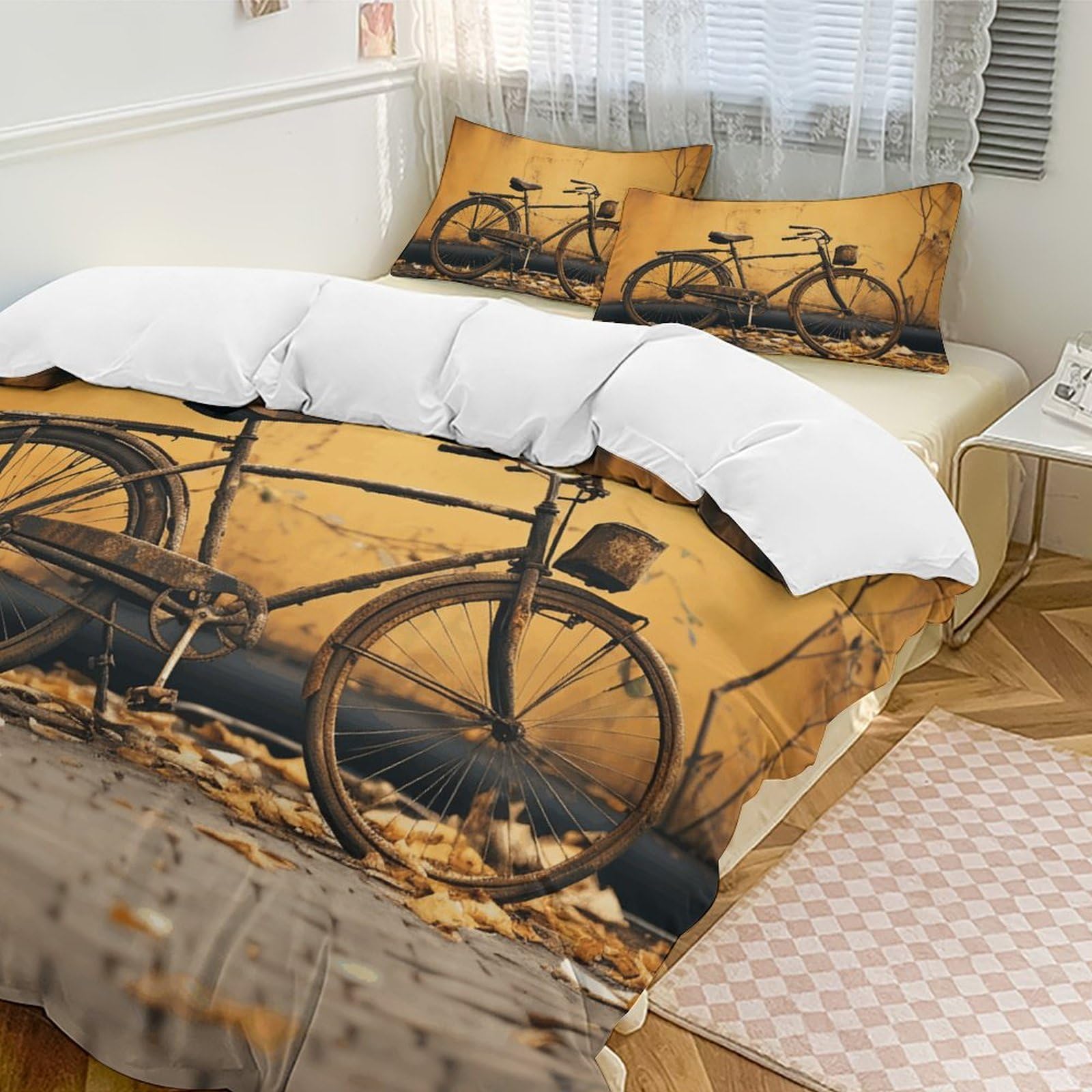Thickened Bed Three Piece Set Soft and Cozy Suit Breathable Bedding Sets Suit Old Rusty Vintage Bicycle Printed Comforter Covers 1 Soft Quilt Cover and 2 Pillow Shams