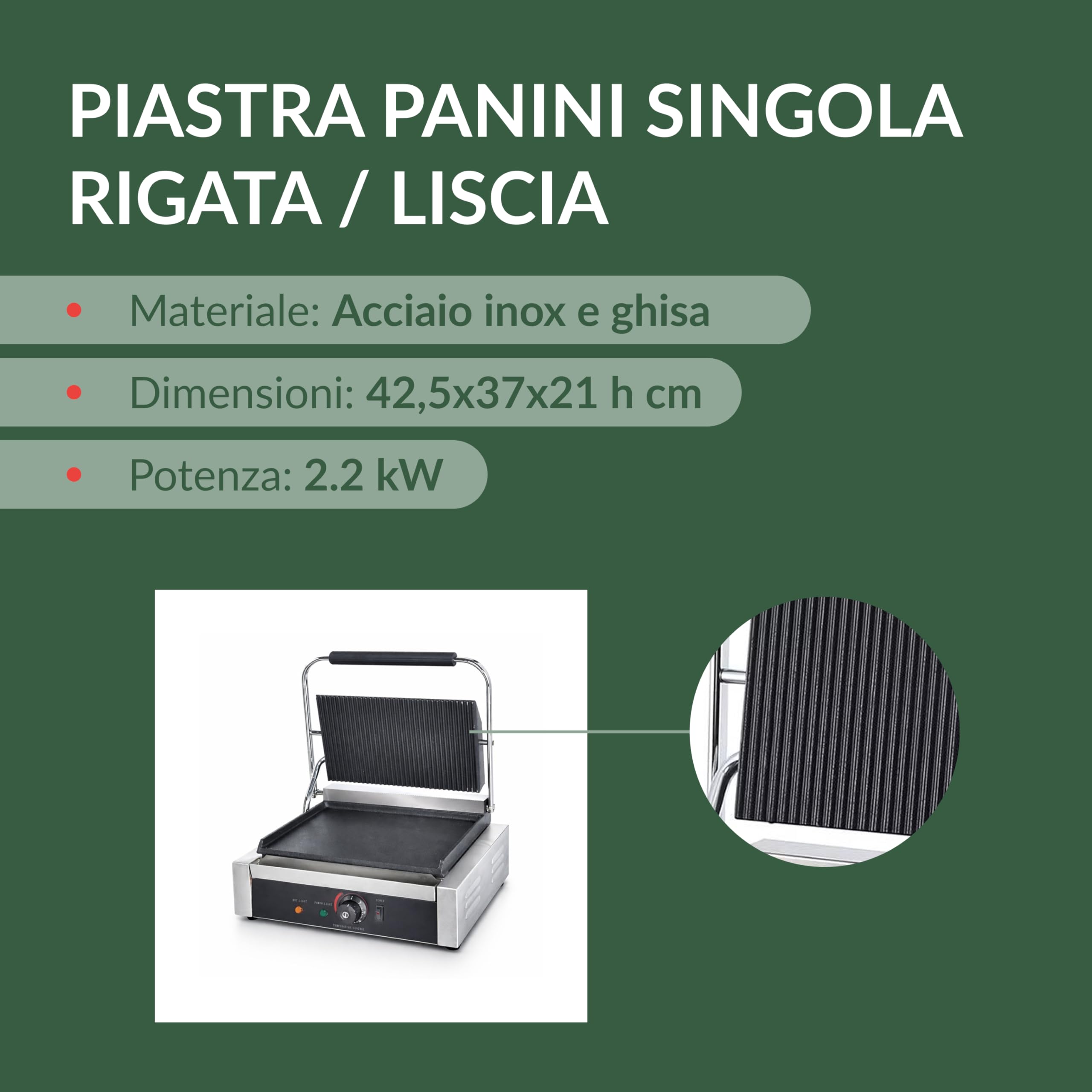 Ristoattrezzature - Piastra Panini Elettrica Singola - Rigata/Liscia - Griglia Professionale per Ristoranti e Bar - 42,5x37x21 cm - 2.2 kw