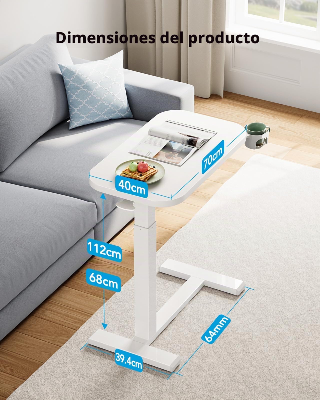 HUANUO Mesa Auxiliar con Ruedas 70x40cm, Mesa Auxiliar Regulable en Altur, Mesa para Ordenador Portátil con Porta Vasos, Escritorio Ergonómico Neumático para Portátil para Oficina en Casa