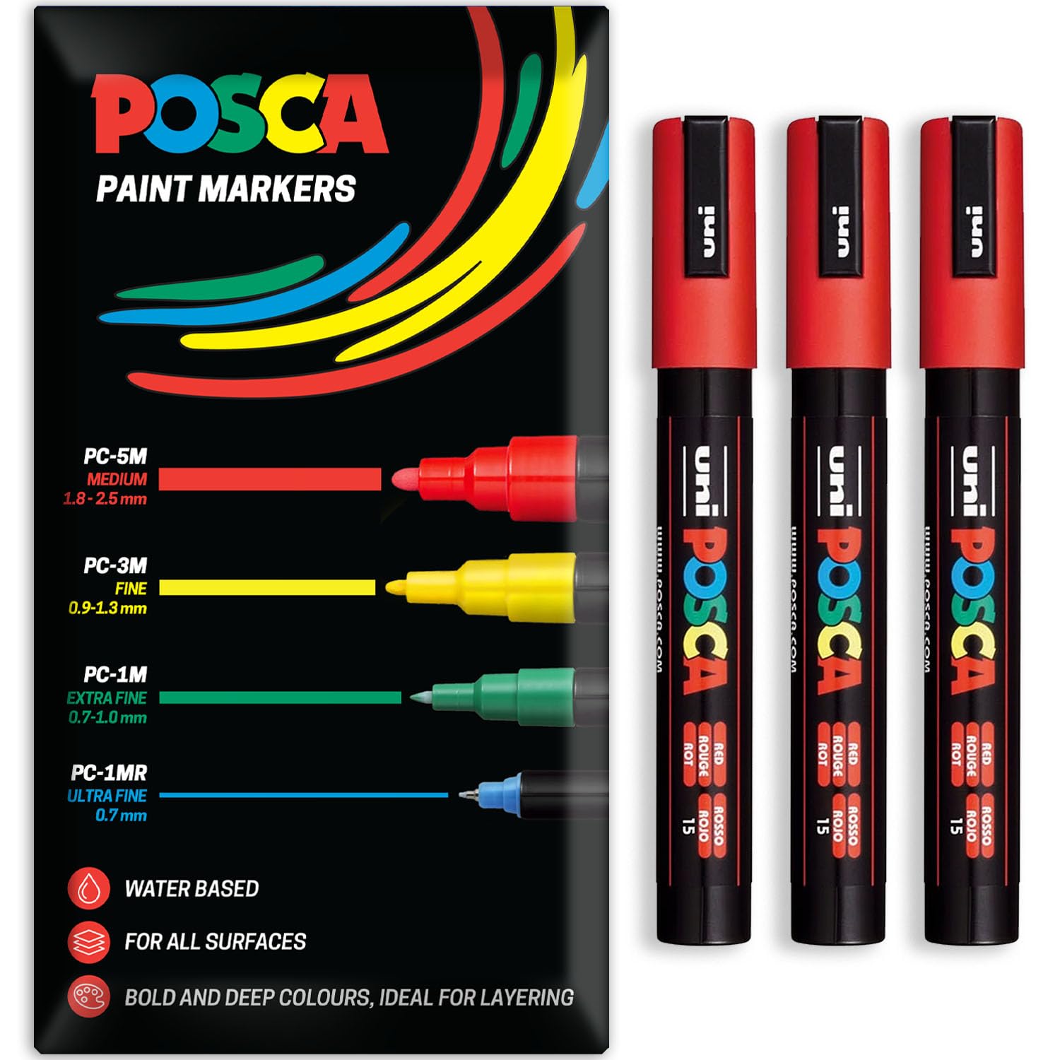 Posca - Pennarello indelebile a base d'acqua – uso multi superficie – PC-5M – Confezione da 3 penne a portafoglio (Rosso)