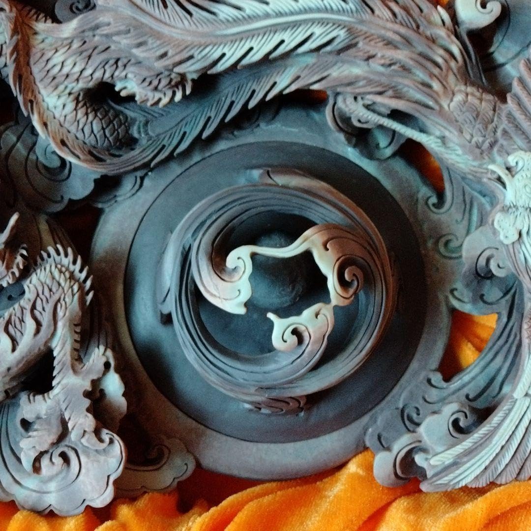 名硯龍鳳戯珠手工精彫刻貴州梵净山紫袍玉带石名硯蓋の玉が透かし鏤空