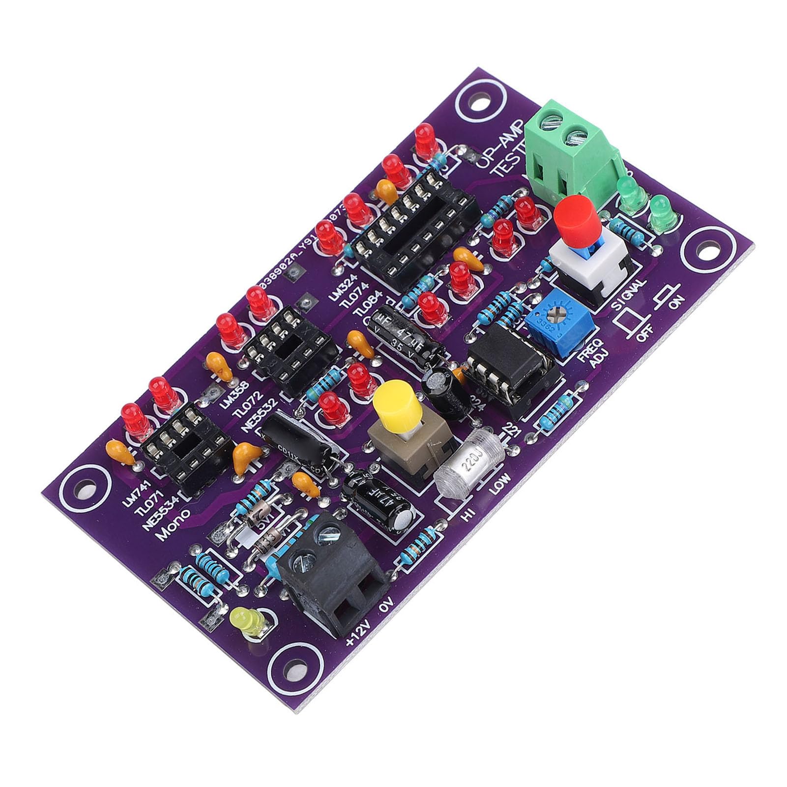 Scheda Rilevatore Chip IC Tester Amplificatore Operazionale per Misuratore DC12V T2 Singolo Doppio Quadruplo con Indicatore di Uscita LED Rosso Verde Terminale di Prova Corrente