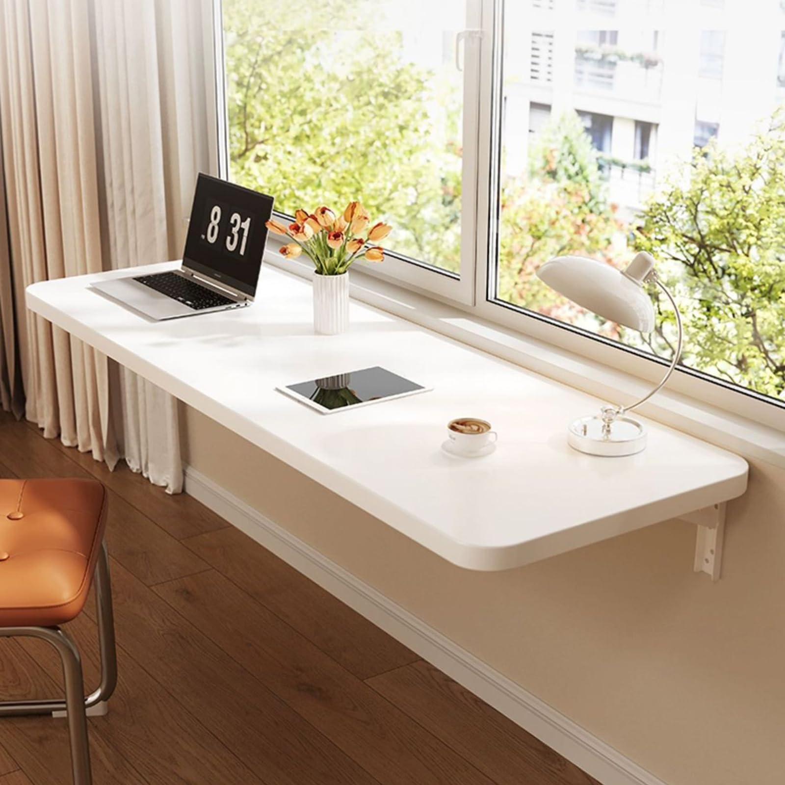 Mesa Plegable de Pared 80 x 40 cm, Mesa Abatible Multifuncional para Cocina, Comedor y Estudio, Escritorio Flotante Ahorrador de Espacio, Blanco