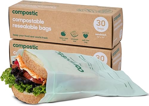 Bolsas para sándwich resellables compostables (7 x 7 pulgadas), aptas para microondas y congelador, contenedor de almacenamiento de alimentos
