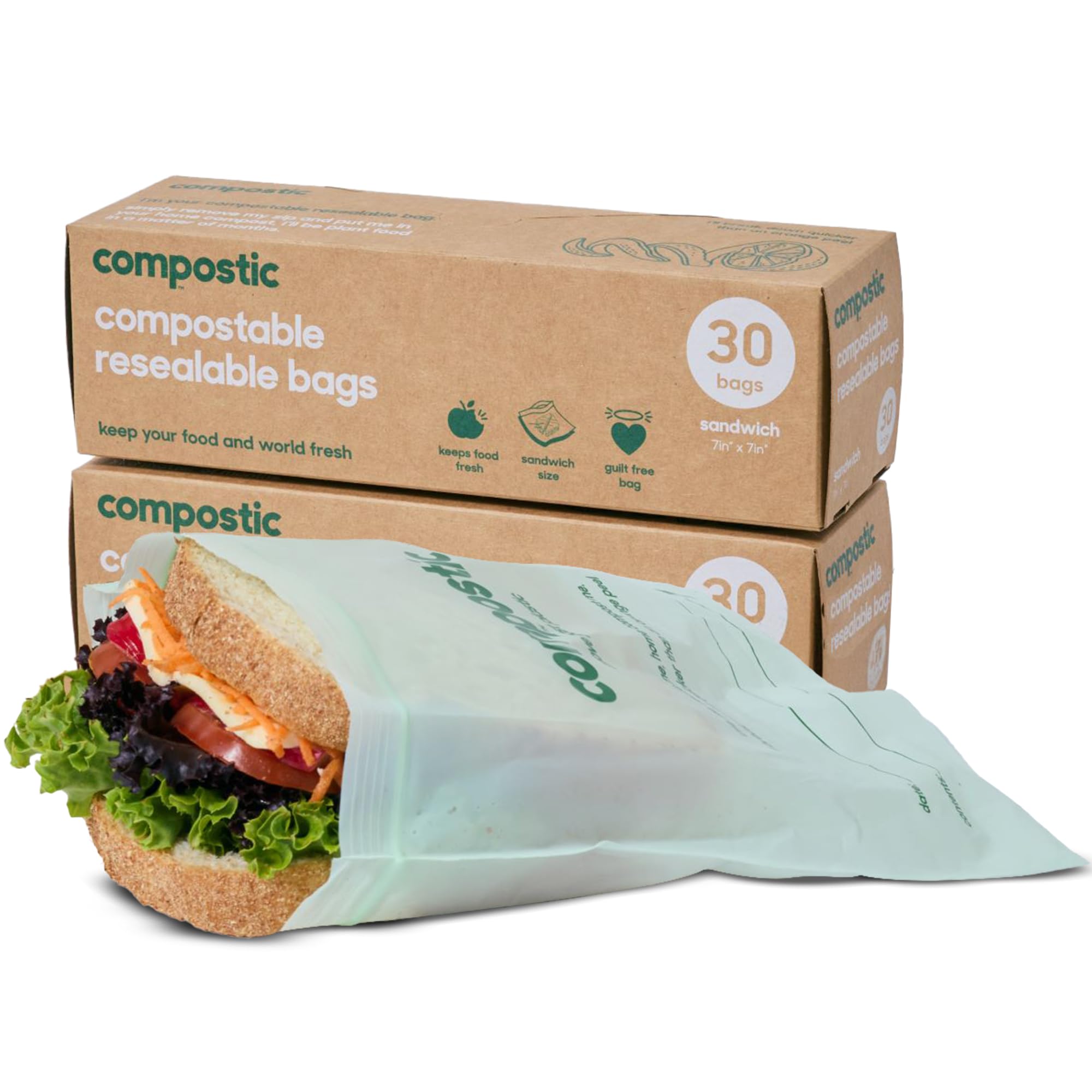 Compostic Home Compostable Resealable Sandwich Bags, Microwave & Freezer Safe, Organic Food Storage Container, 60 Count