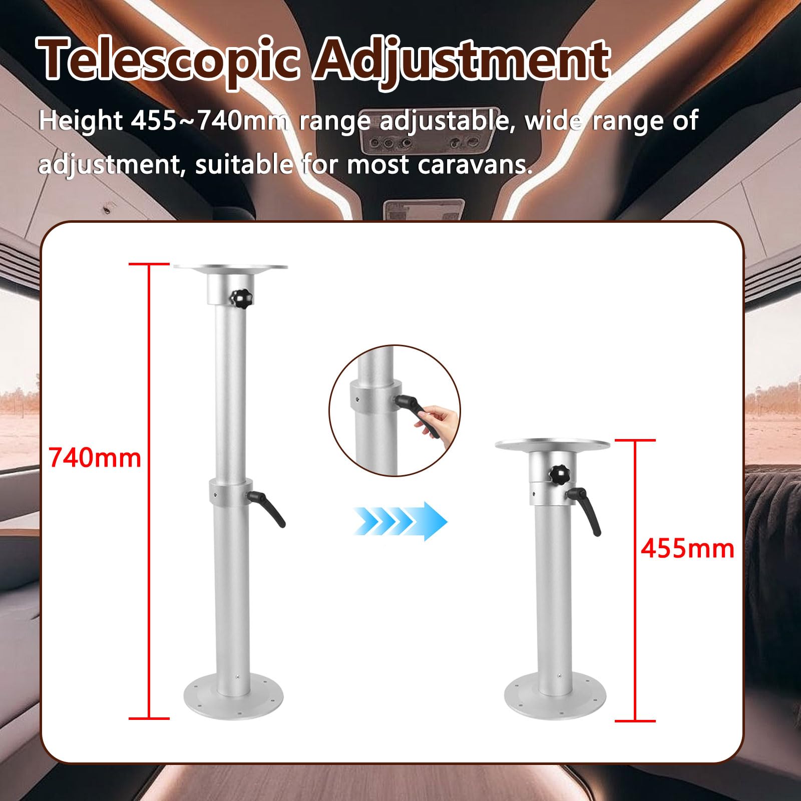 Socle de table réglable avec poignée économe en main-d'œuvre, réglable de 455 à 740 mm, kit de base de table en alliage d'aluminium rotatif à 360 degrés pour camping-car, caravane, bateau, yacht