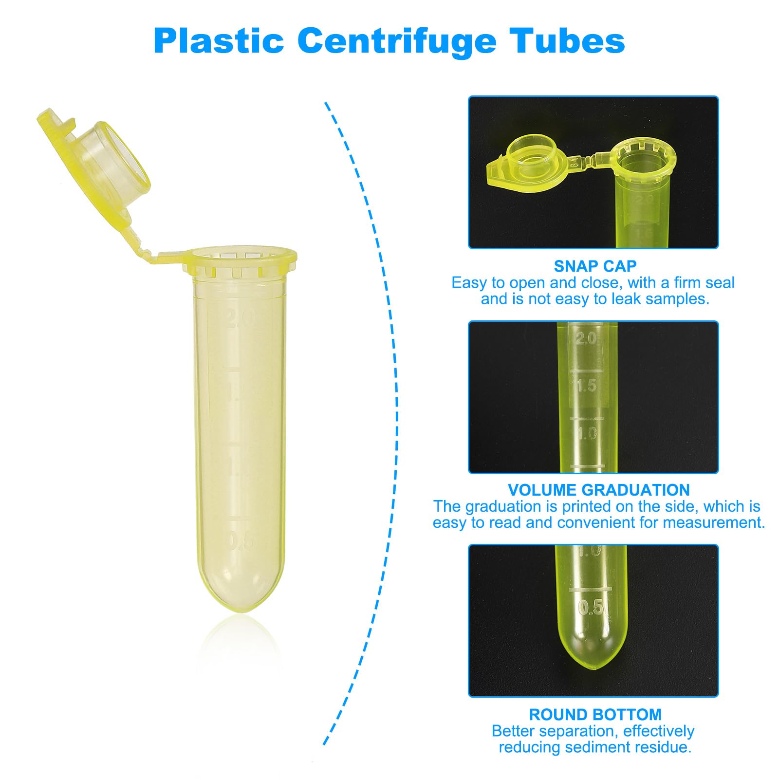 PATIKIL 2ML Tubos De Centrífuga De Plástico 1000 Pcs Tubo De Centrífuga De Fondo Redondo Con Tapa A Presión Y Marcas Graduadas Para Muestras De Laboratorio Amarillo
