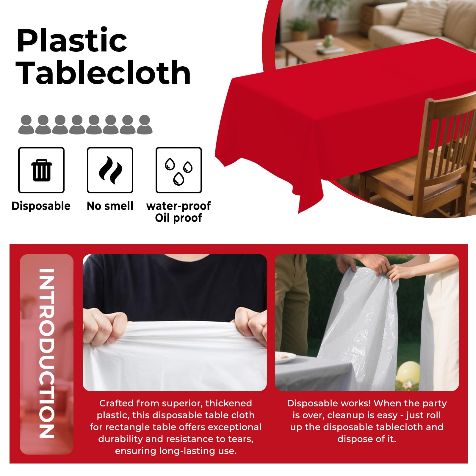 Lot de 8 nappes rectangulaires en plastique jetables pour tables de 1,8 à 2,4 m, 137,2 x 274,3 cm, pour fêtes (rouge, rectangulaire)