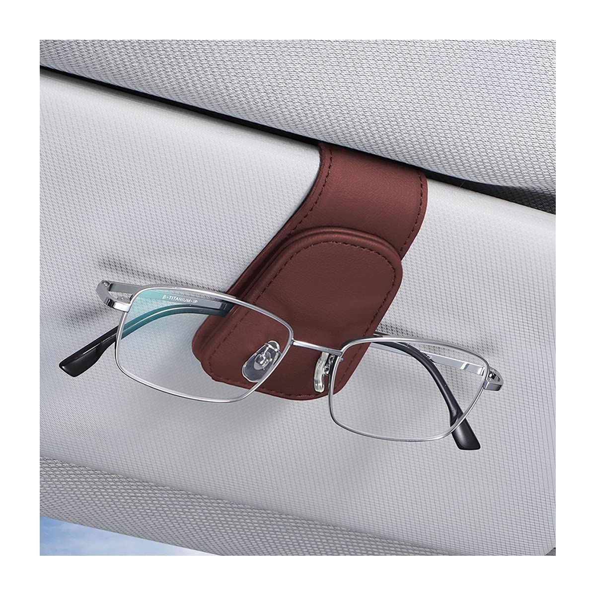 AICEL Sunglasses Holders for Car Sun Visor, Leather Magnetic Clip, Wine Red