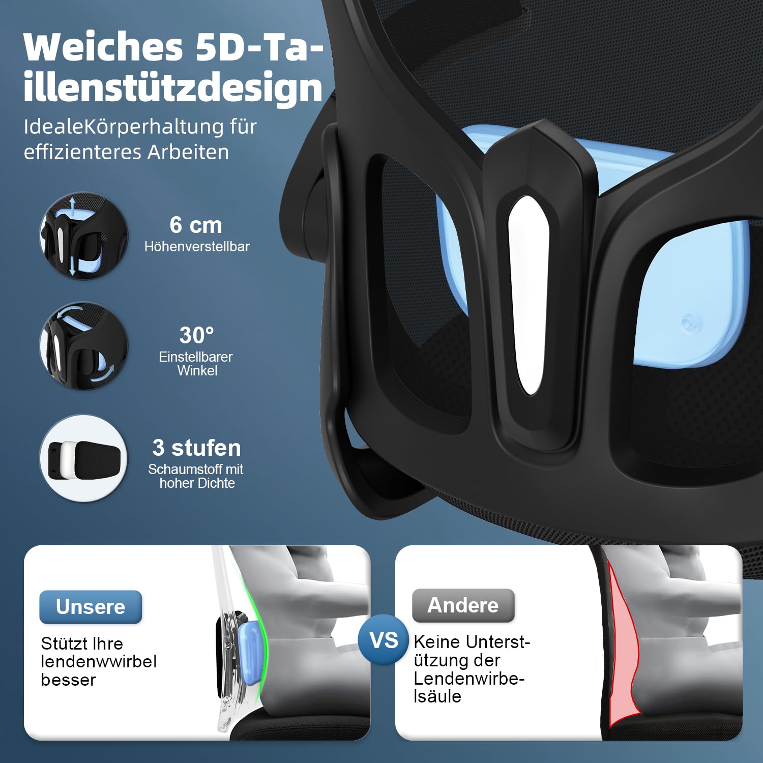 Bürostuhl, Schreibtischsessel mit Kopfstütze und Weiche Lordosenstütze, Bürostuhl ergonomisch mit Wippfunktion bis 130°,Schreibtischstuhl mit klappbaren Armlehnen, Drehstuhl 150 kg,Schwarz
