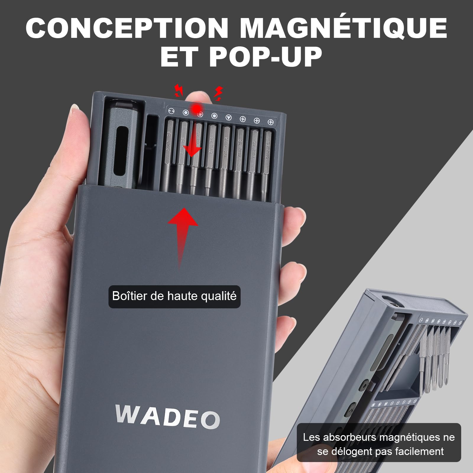 WADEO Tournevis Electrique Sans Fil, 82 en 1 Tournevis de Précision Rechargeable avec 64 Embouts Magnétiques en Acier S2, 5 Réglages de Couple, 4 LED, pour Ordinateur, Portable, Téléphone, Drone RC
