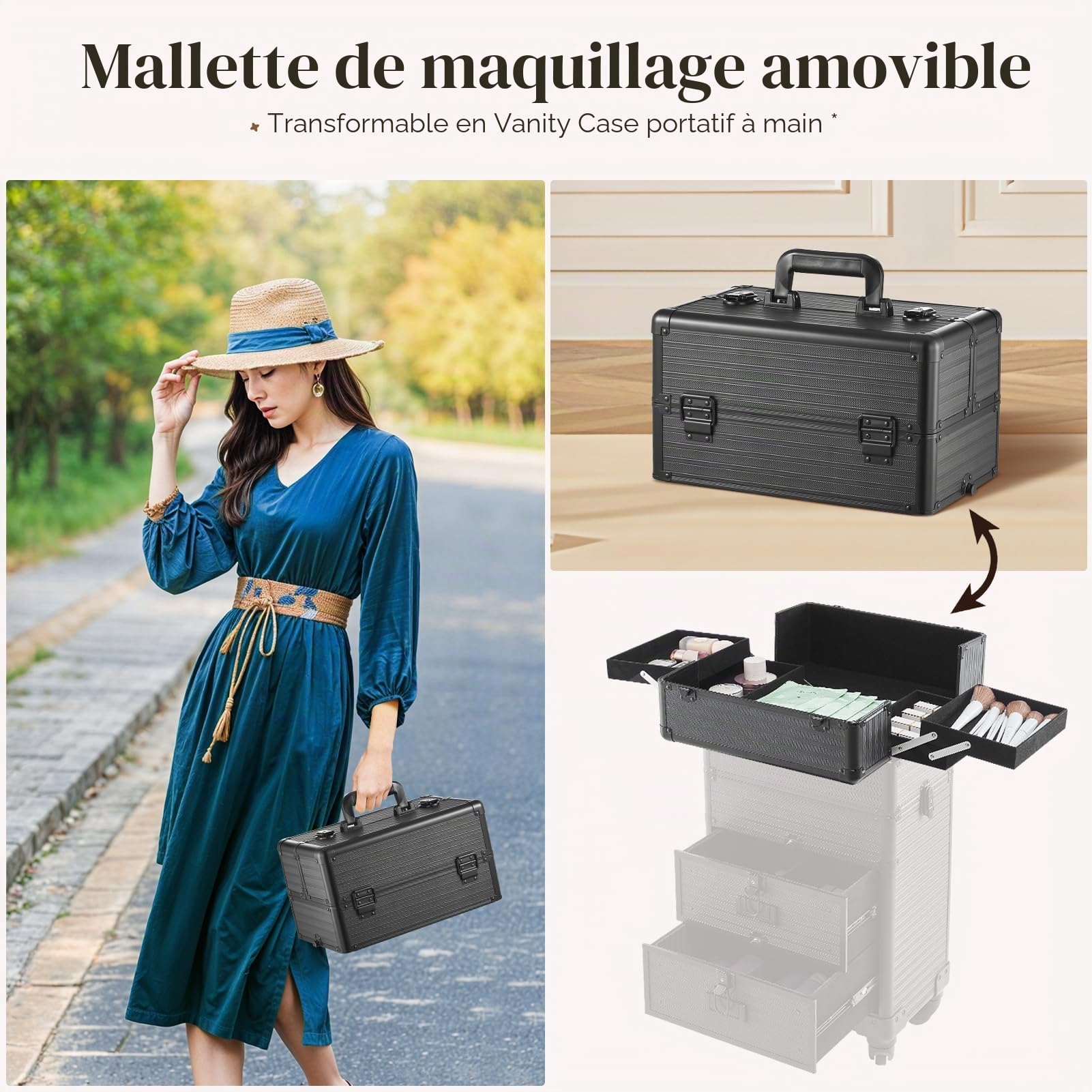 BTGGG Chariot de maquillage professionnel avec tiroirs, Noir à rayures, 36x23x69cm