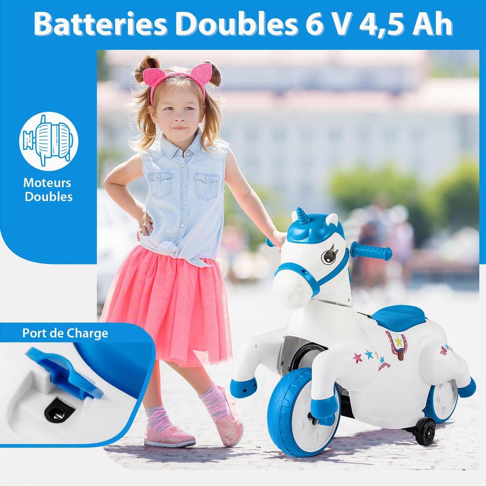 COSTWAY 12V Moto Électrique Enfant en Forme Licorne avec Musique & Démarrage à Un Bouton, Cheval Électrique Enfant avec Roues d'Entraînement & Mode Équitation, 3 km/h, Charge 30kg, 3 Ans+ (Bleu)