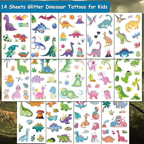 Miniatura 2 de CHARLENT 110 estilos de tatuajes temporales de dinosaurios con purpurina para niños, 14 hojas de tatuajes de dinosaurios con purpurina para niños y
