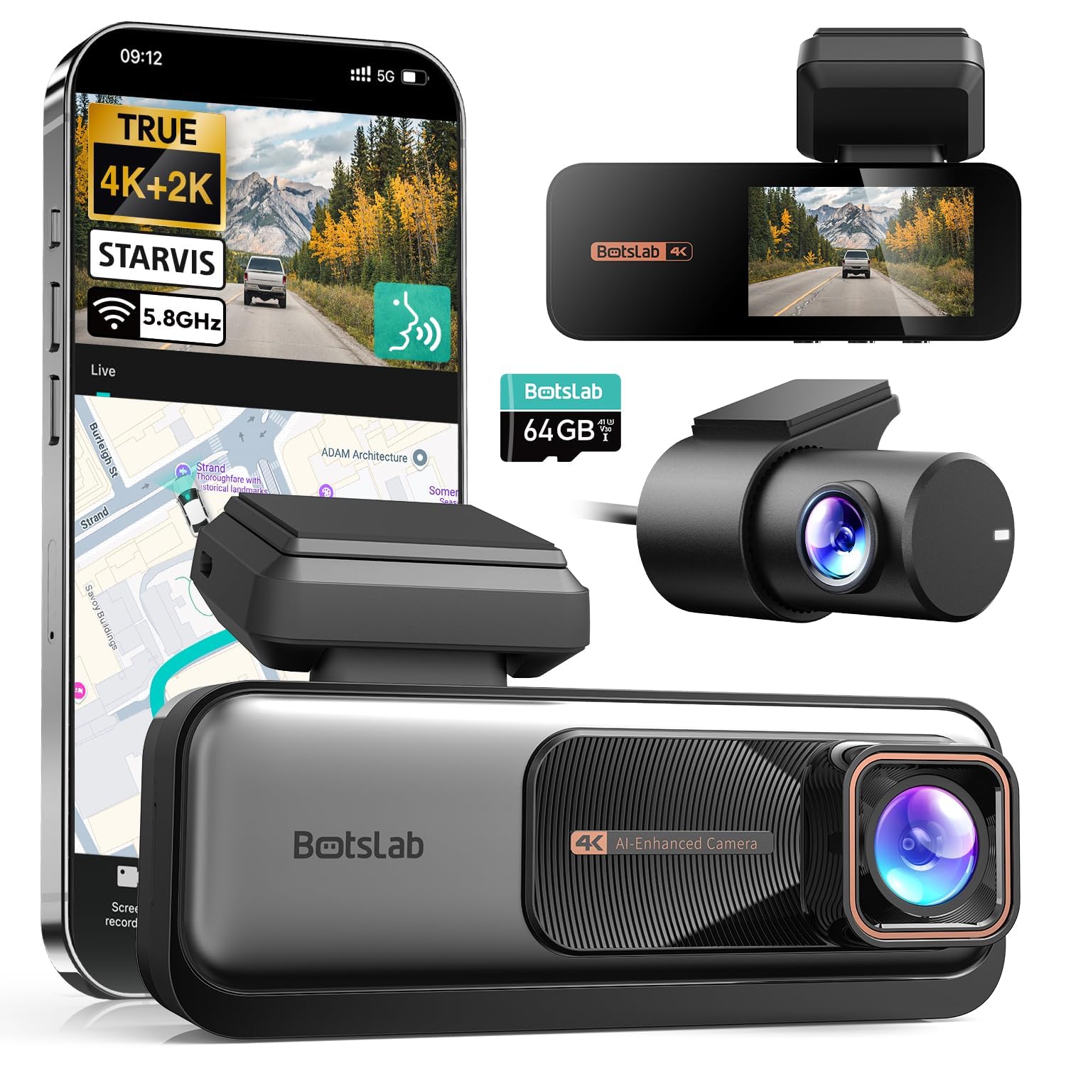 BOTSLAB 4K+2K Dual Dash Cam Front and Rear, Dashcam with Voice Control, STARVIS, ADAS Driver Alerts, Starry Night Vision, 24/7 Parking Monitor, 5.8GHz