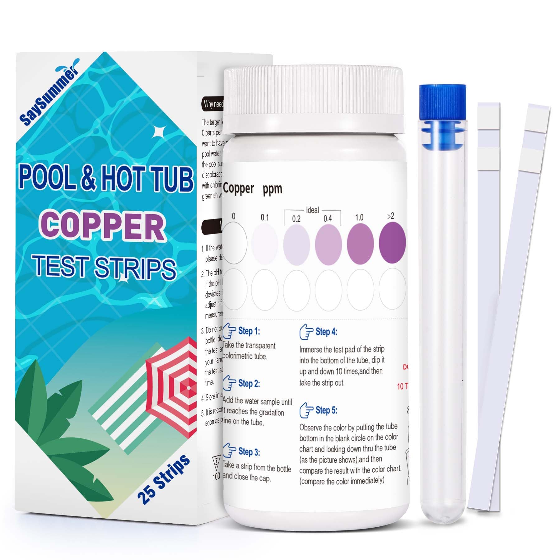 Copper Test Strips for Pool Water: 25 Counts Pool Copper Test Kit for Testing Range 0-2 ppm Copper in Swimming Pool Hot-Tub Spa - Pool Metal Test Kit for above-ground and Inground Pool Testing Copper-image-47