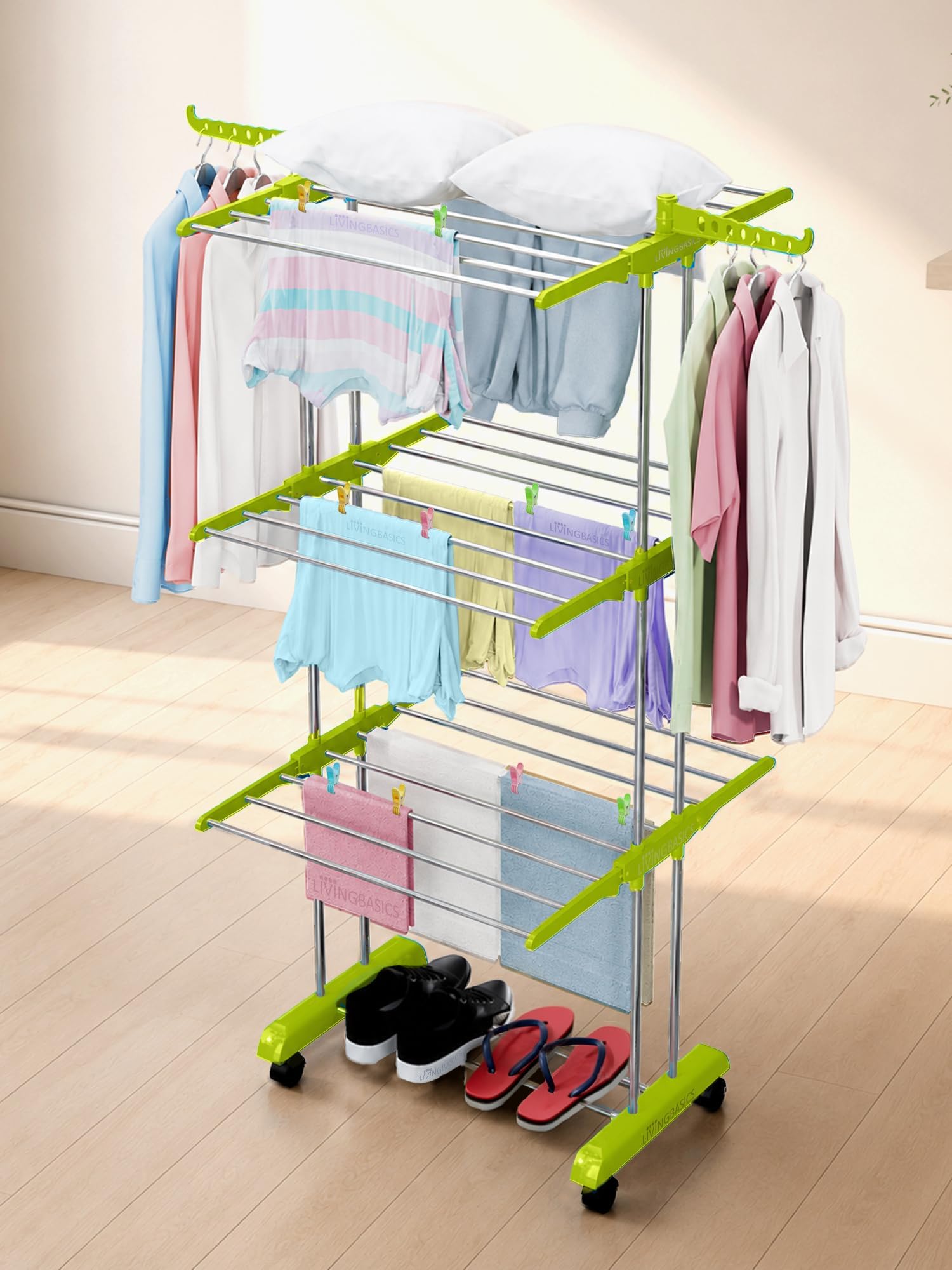 LIVINGBASICS 18 Clips with 3 Layer Clothes Stand for Drying/Cloth Drying Stand/Cloth Stand for Drying Clothes Foldable/Cloth Drying Stand for Balcony/Stainless Steel Dryer Rack (Lime Green)