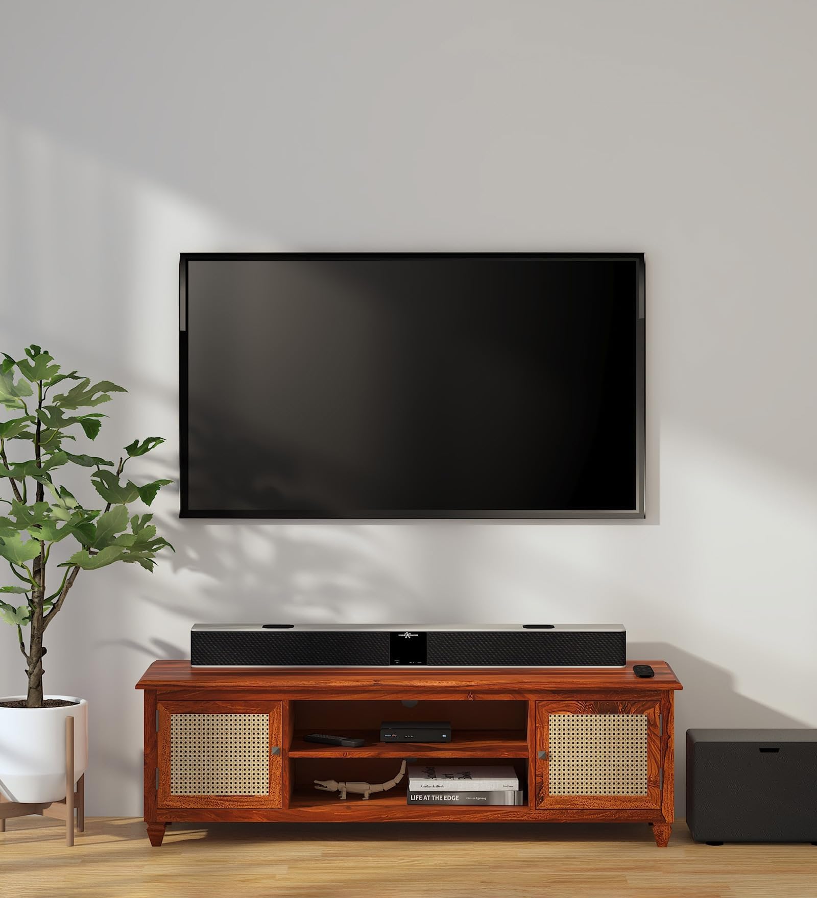 Indigo interiors Solid Wooden sheesham tv Console Cabinet with 2 Door and 2 Shelf Storage Wooden tv Cabinet for Bedroom and Living Room Free Standing tv enteritment Unit Furniture (Honey Teak Finish)