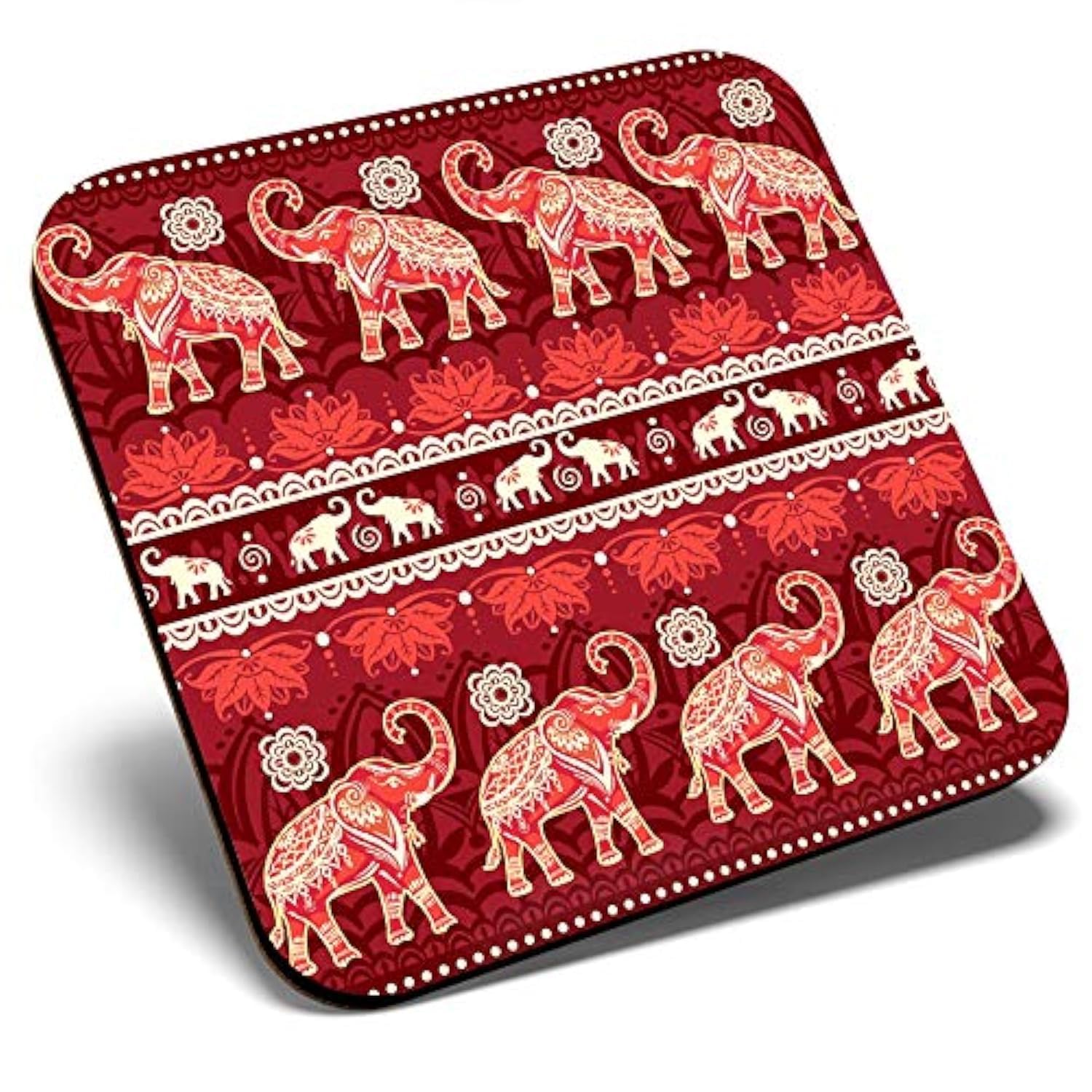 Destination Vinyl Ltd Multicolor Great Single Coaster Square - Indian Elephants Lotus Flower Elephant |Glossy Quality Coasters | Tabletop Protection For Any Table Type #45398