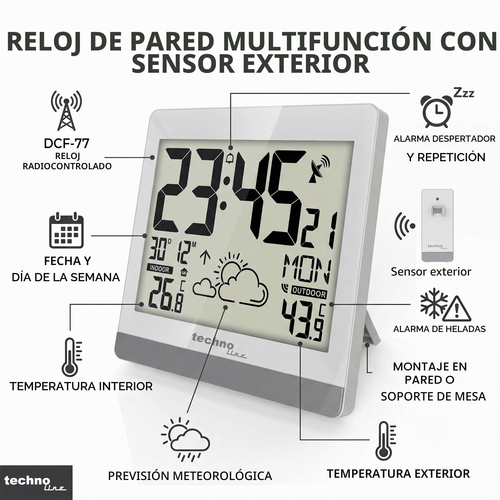 Technoline Designer WS8119 - Reloj de pared, color blanco, 20 x 3,6 x 18,8 cm
