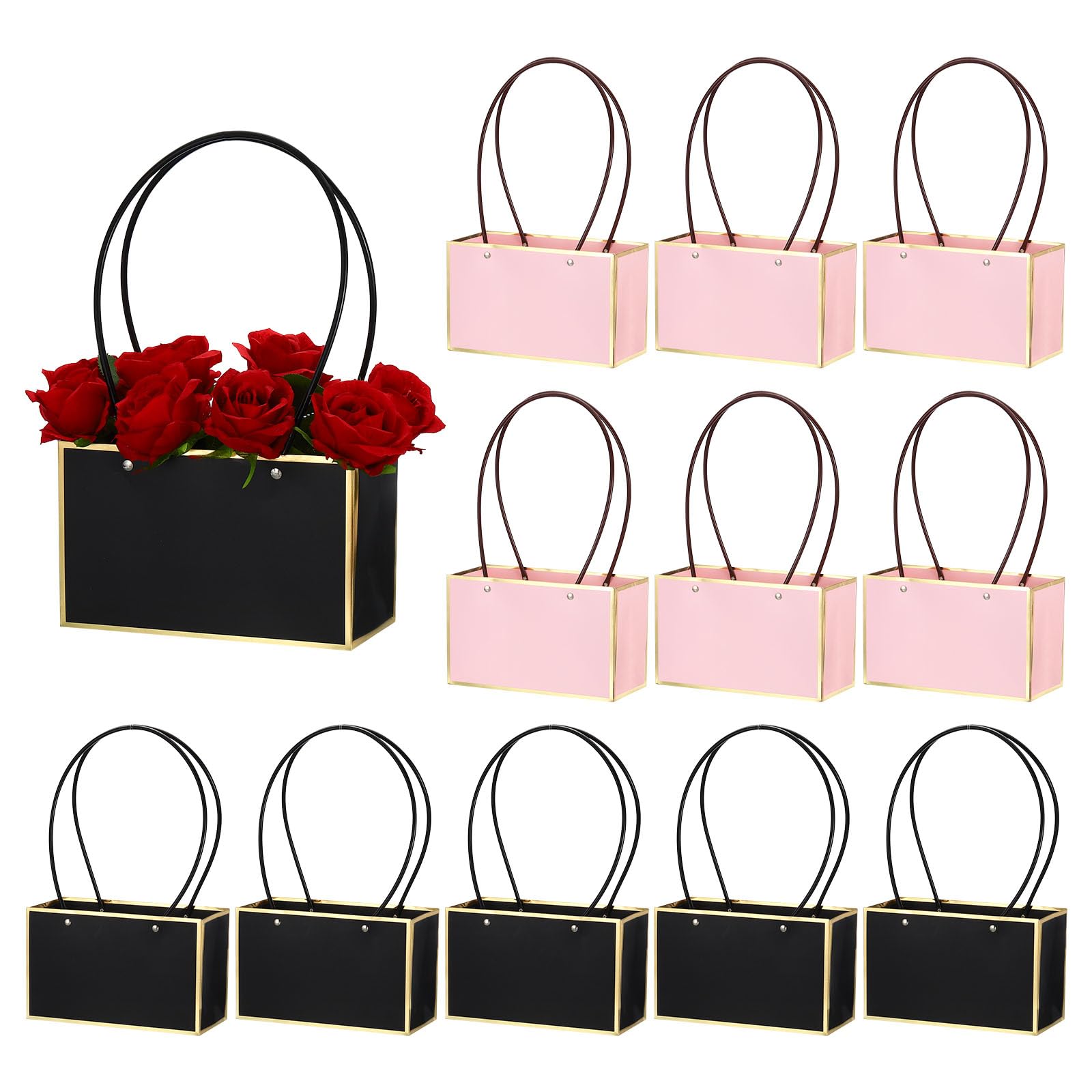 PATIKIL Flower Gift Box, 12 Pcs Paper Bouquet Flower Gift Bag with Handle Rectangular Tote Bag for Florist Wedding Party Birthdays Day Bridal Shower, Gold Pink & Gold Black