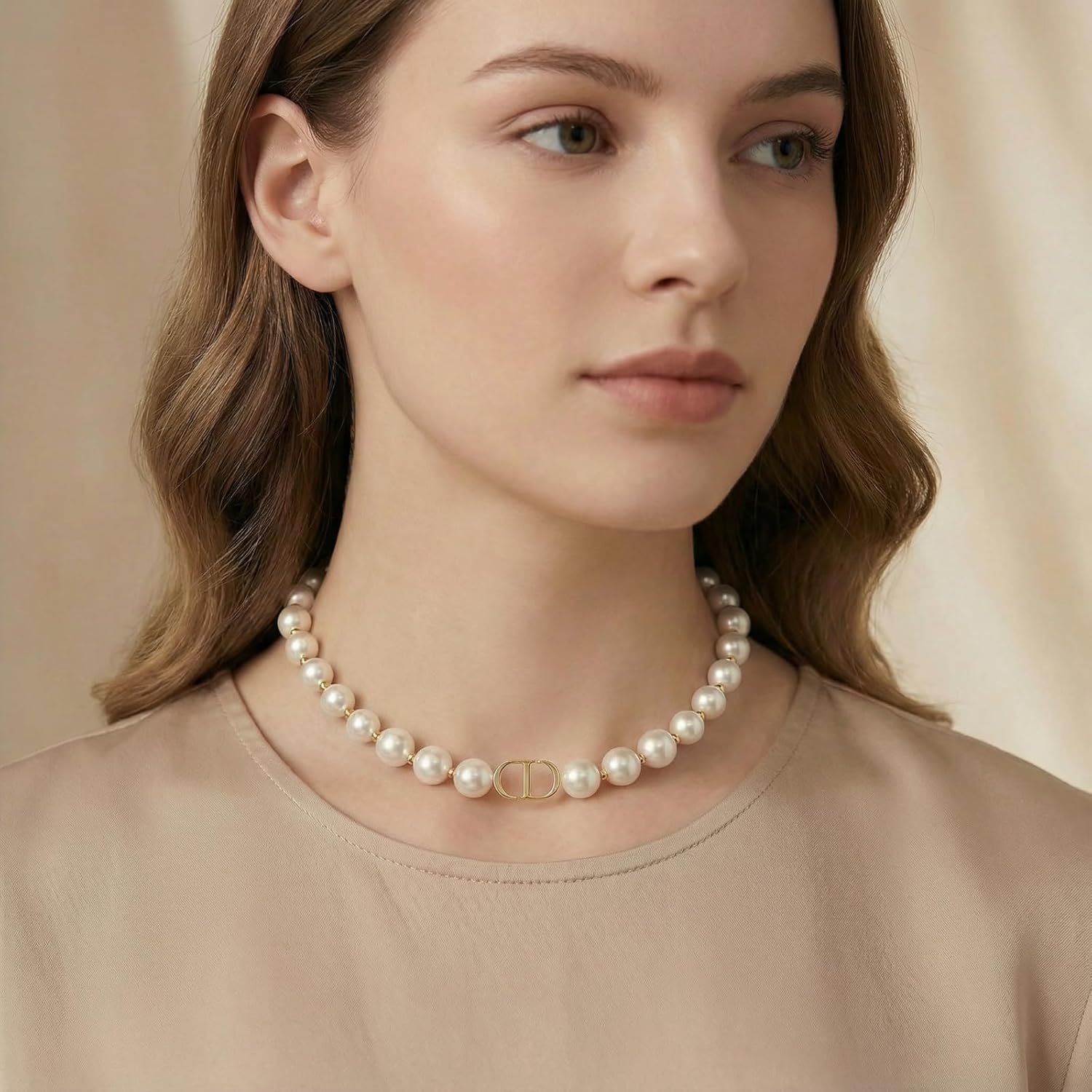 Merlinae 18K gold plated copper pearl necklace, with luxurious letter design and rectangular three-dimensional pendant, double-layered stacked straps highlighting the fashionable charm of women's jewelry - Image 5