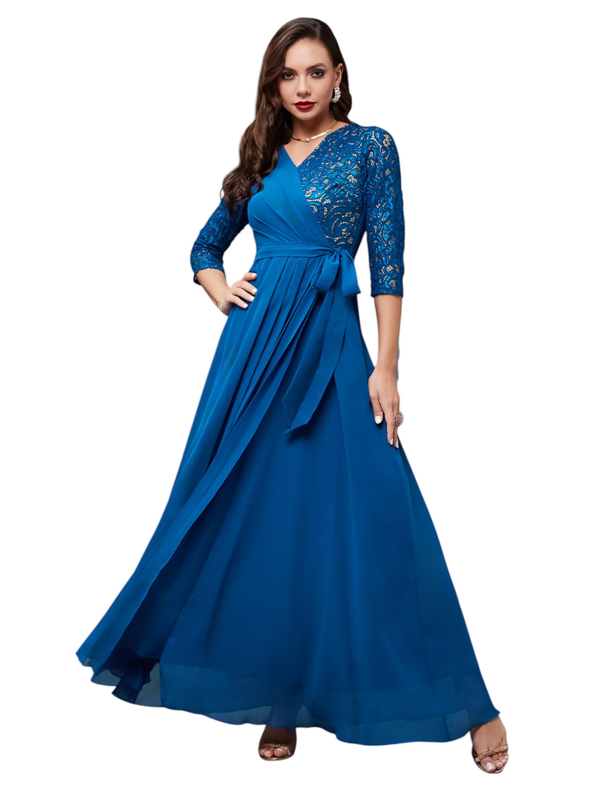 miss chase Women's Teal V-Neck 3/4 Sleeve Self-Designed Wrap-Styled Georgette Maxi Dress-picture-23