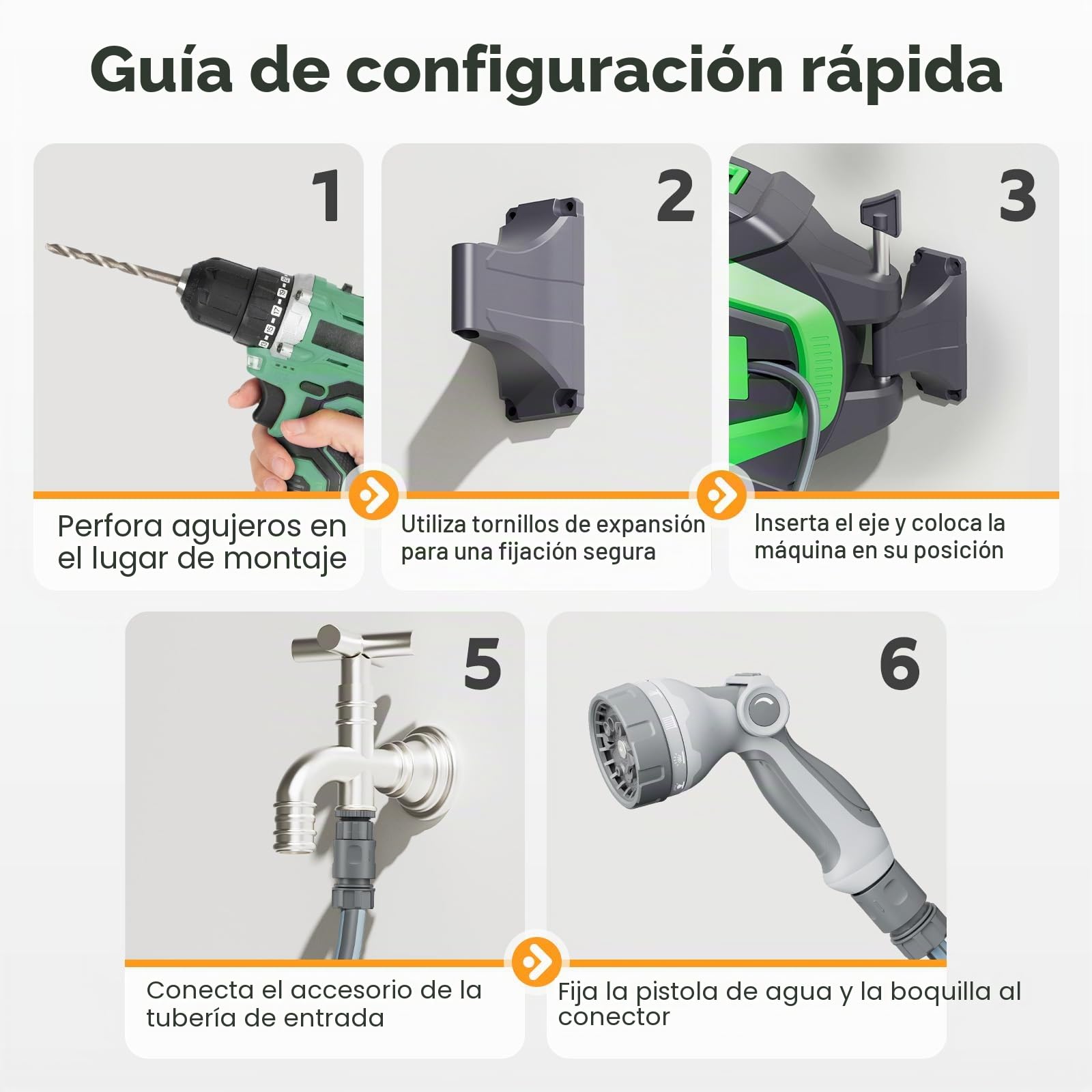 Enrollador Manguera Pared Automático 30m, Manguera Jardín Retráctil 180°, Any-Stop y Boquilla Multifunción, Soporte de Manguera Resistente UV para Jardín, Terraza y Limpieza