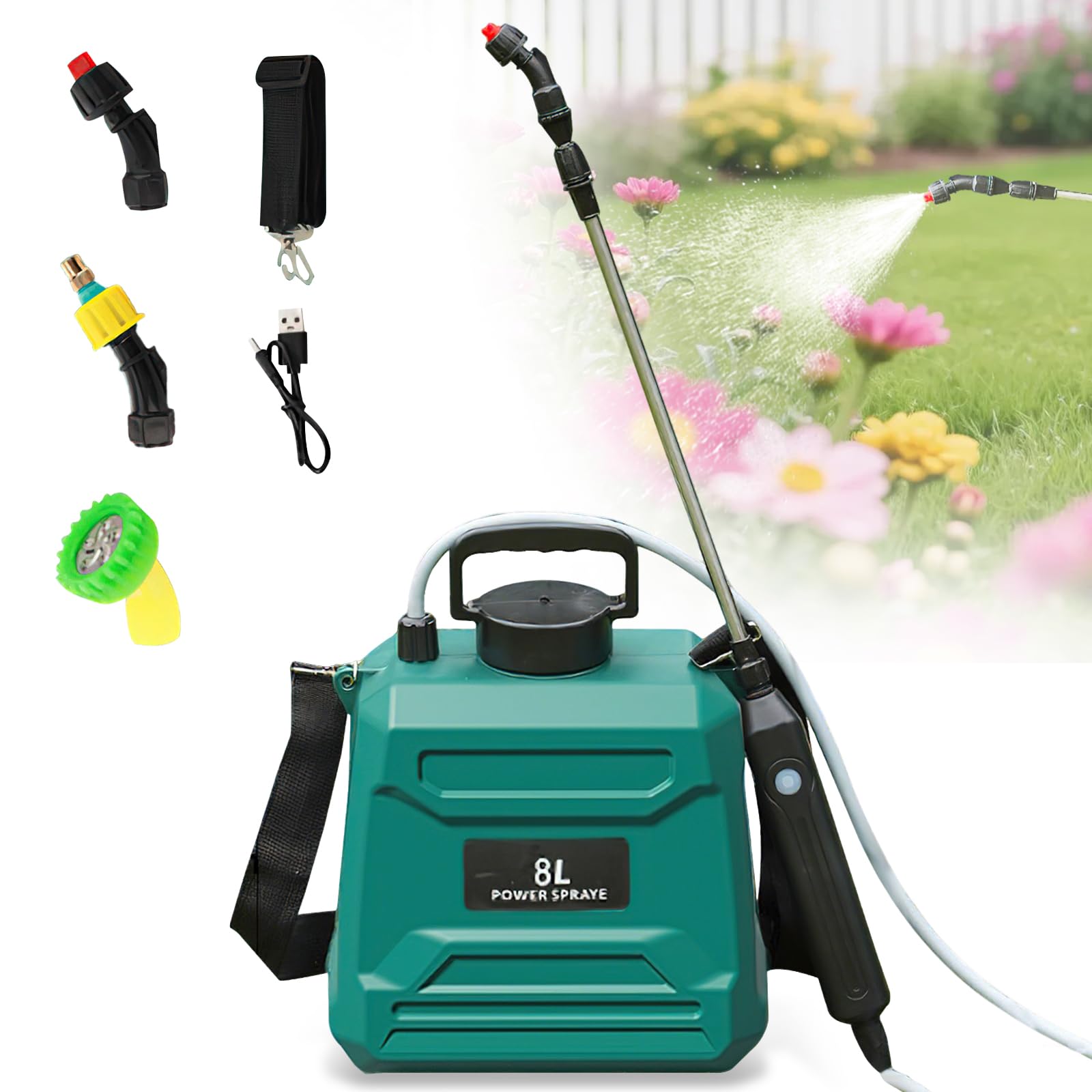 Pulverisateur Electrique, 7.4V Puissant Pulverisateur de Jardin avec 3 Buses Réglables, Autonomie 120 Min, Recharge USB, Lance et Sangle – Arrosage, Désherbage, Herbicide, Insecticide (Vert 8L)