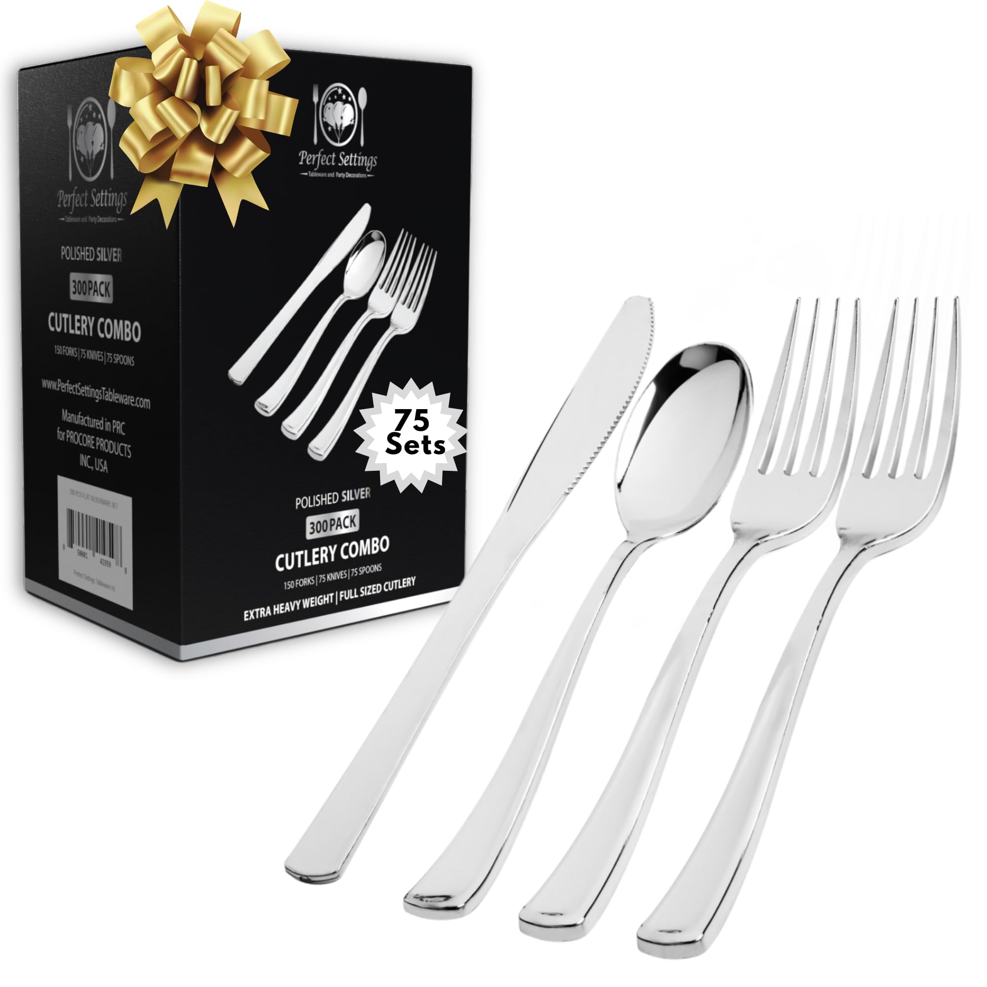 Perfect Settings 300 Pcs Silver Plastic Cutlery Set Strong Heavy Duty Disposable Silverware Set Elegant Flatware Utensils for Weddings, Holidays Parties -75 Settings