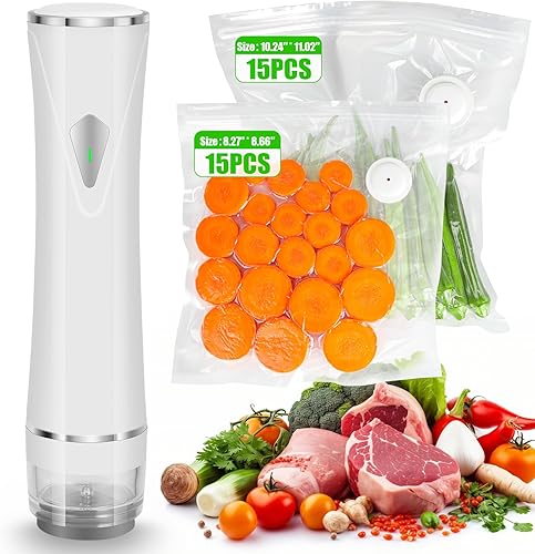 Sellador al vacío de mano, sellador al vacío de alimentos compacto con 30 bolsas de vacío reutilizables, ahorrador de alimentos recargable portátil