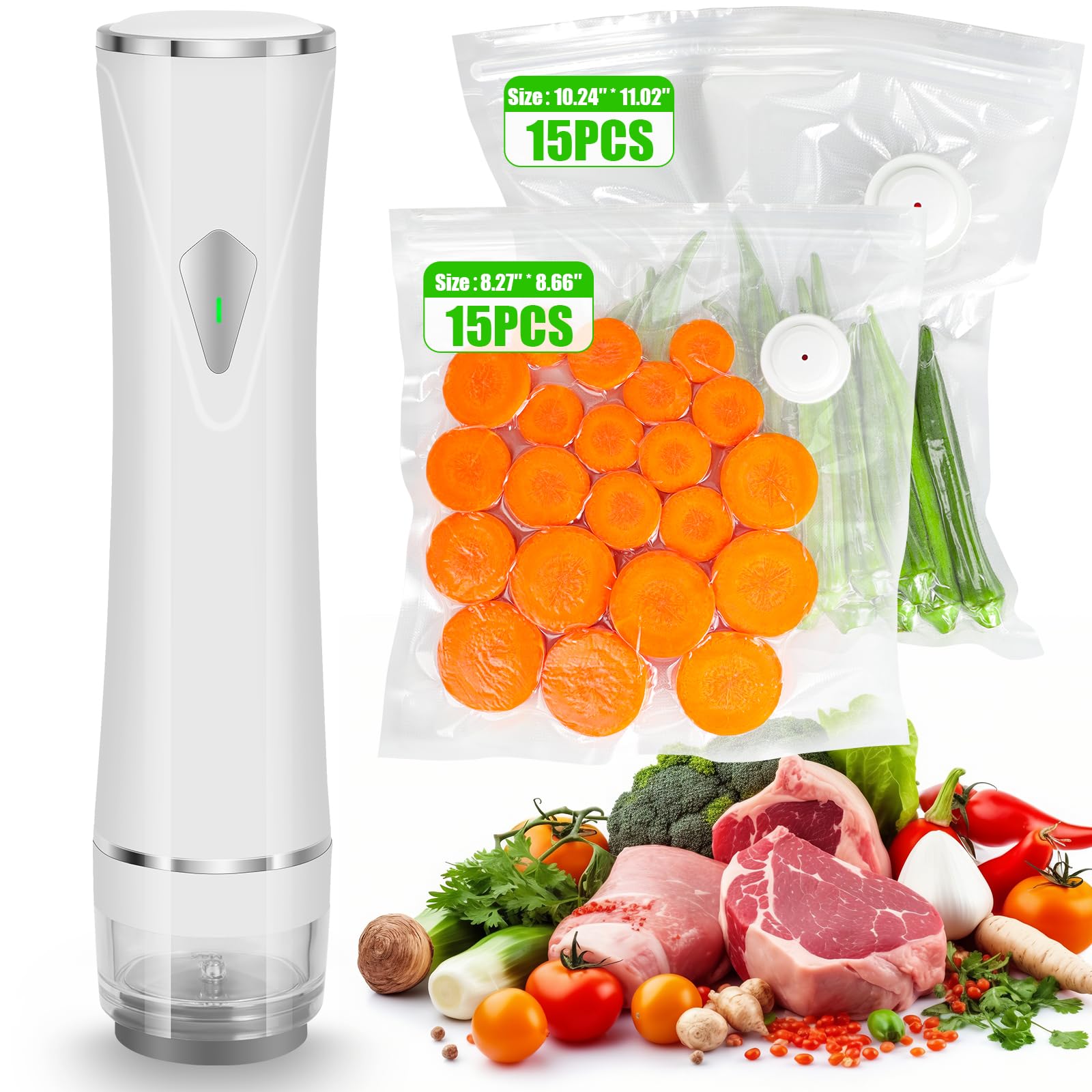 Sellador al vacío de mano, sellador al vacío de alimentos con 30 bolsas de vacío reutilizables, ahorro de alimentos recargable portátil para una frescura 5 veces más larga, con tanque de agua visible
